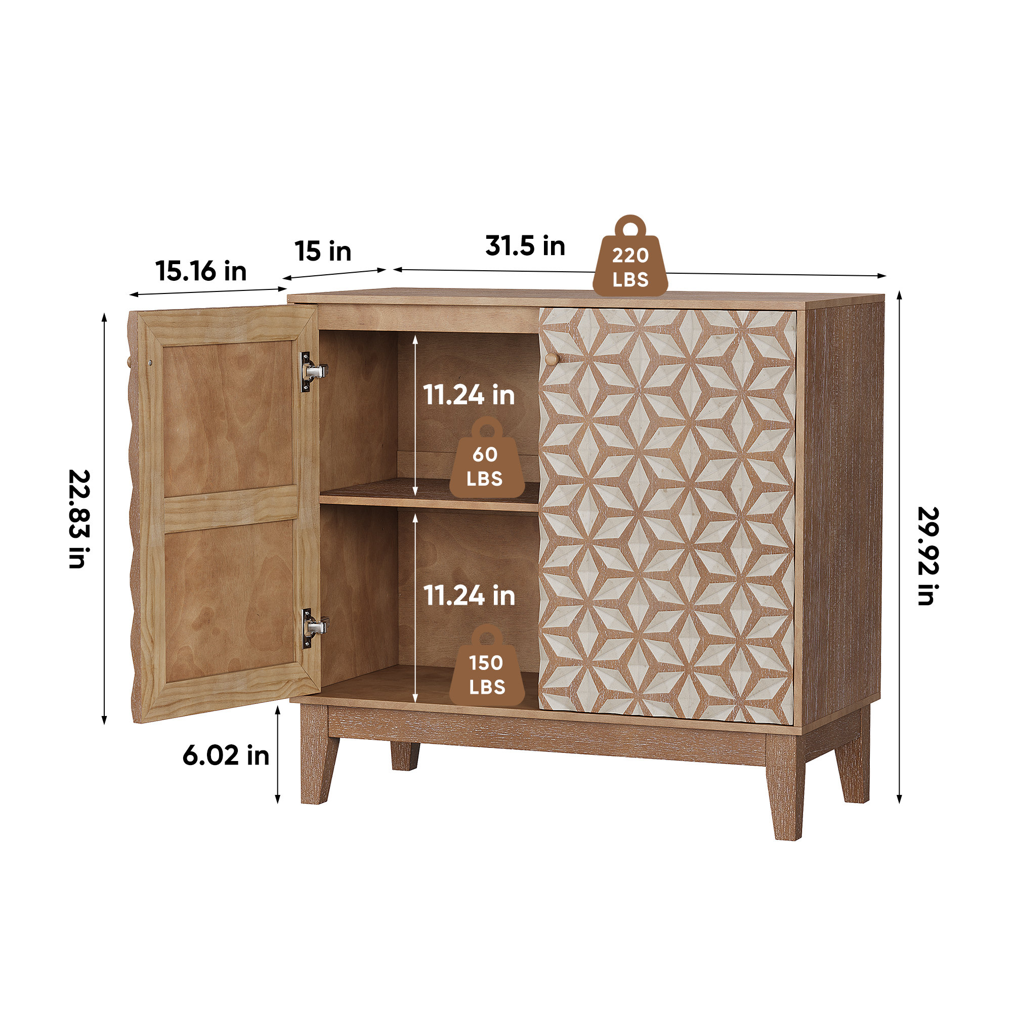 31.5-inch Geometric Design Sideboard, A Decorative Cabinet With 2 Doors And Adjustable Shelves, A Wooden Decorative Cabinet With Storage Space, Suitable For Living Room, Kitchen, And Dining Room.