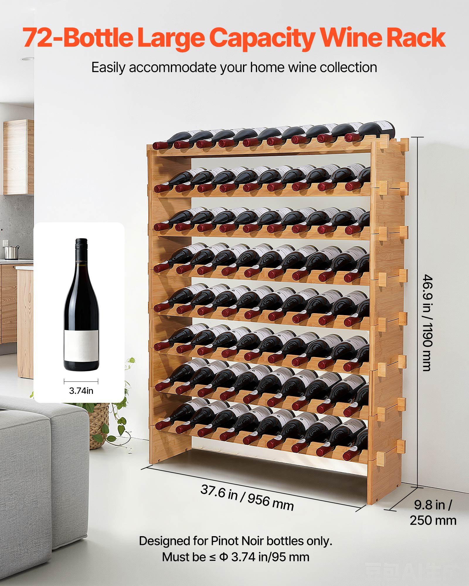 72 Bottle Stackable Modular Wine Rack, 8-Tier, Floor Freestanding Wine Storage Rack, Sturdy Wines Holder Display… - 3