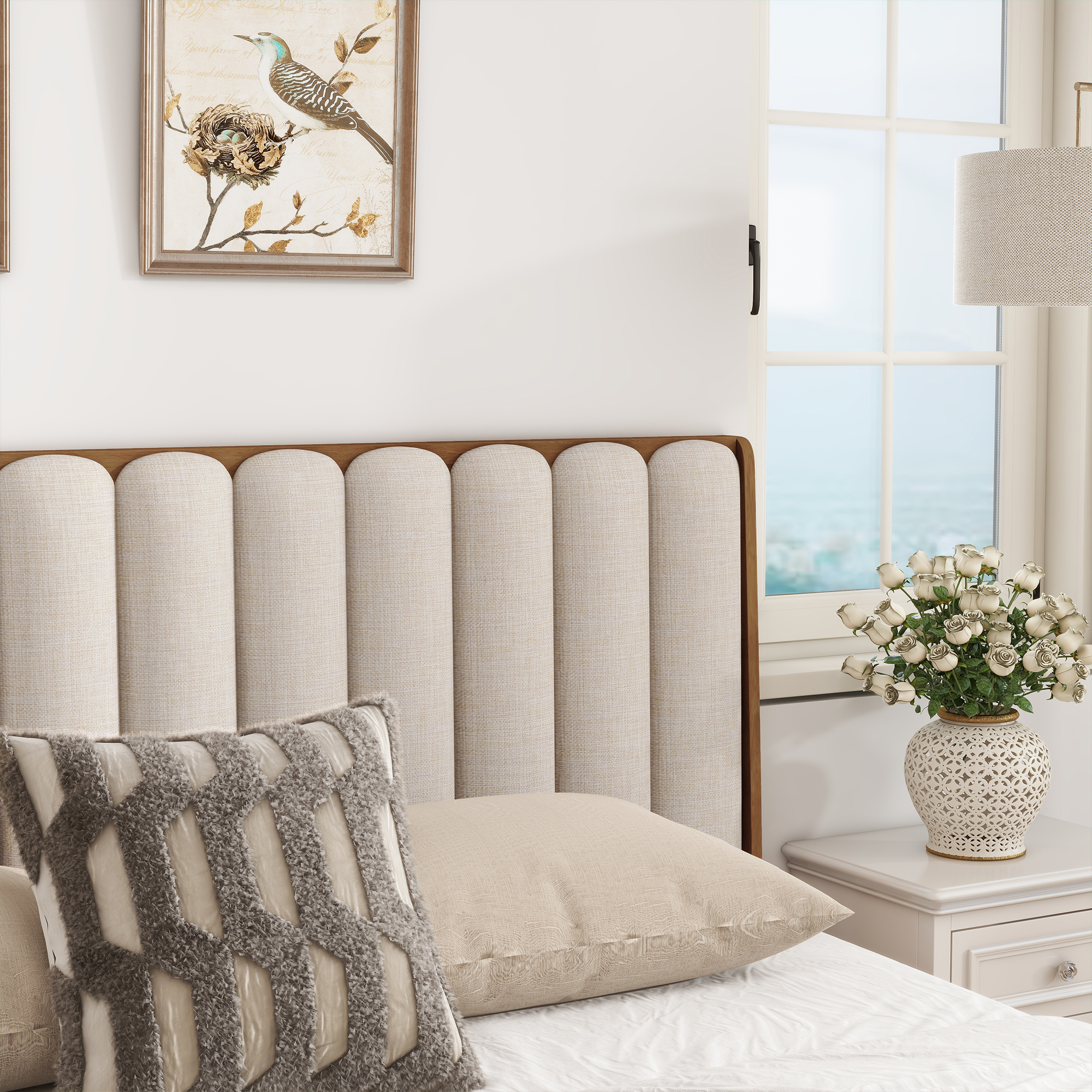 King Size Wood Bed with Piano Key Style Upholstered Headboard — photo 2