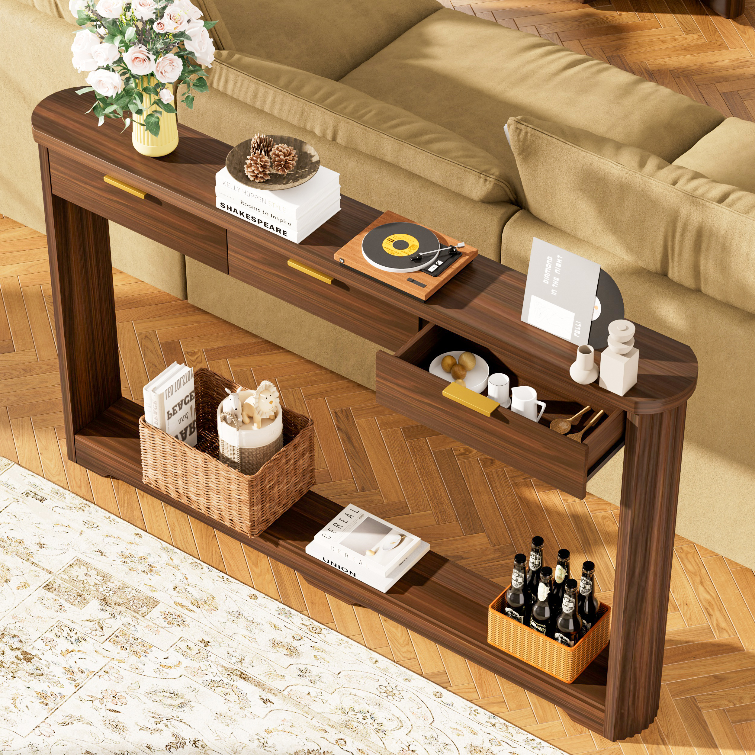70.1  Wavy-Patterned Storage Table With Drawers, A Slim Wooden Side Table That Can Be Placed Behind A Sofa, Ideal For Entryways, Hallways, And Doorways.Walnut.70.1 Lx8.7 Wx35.5 H