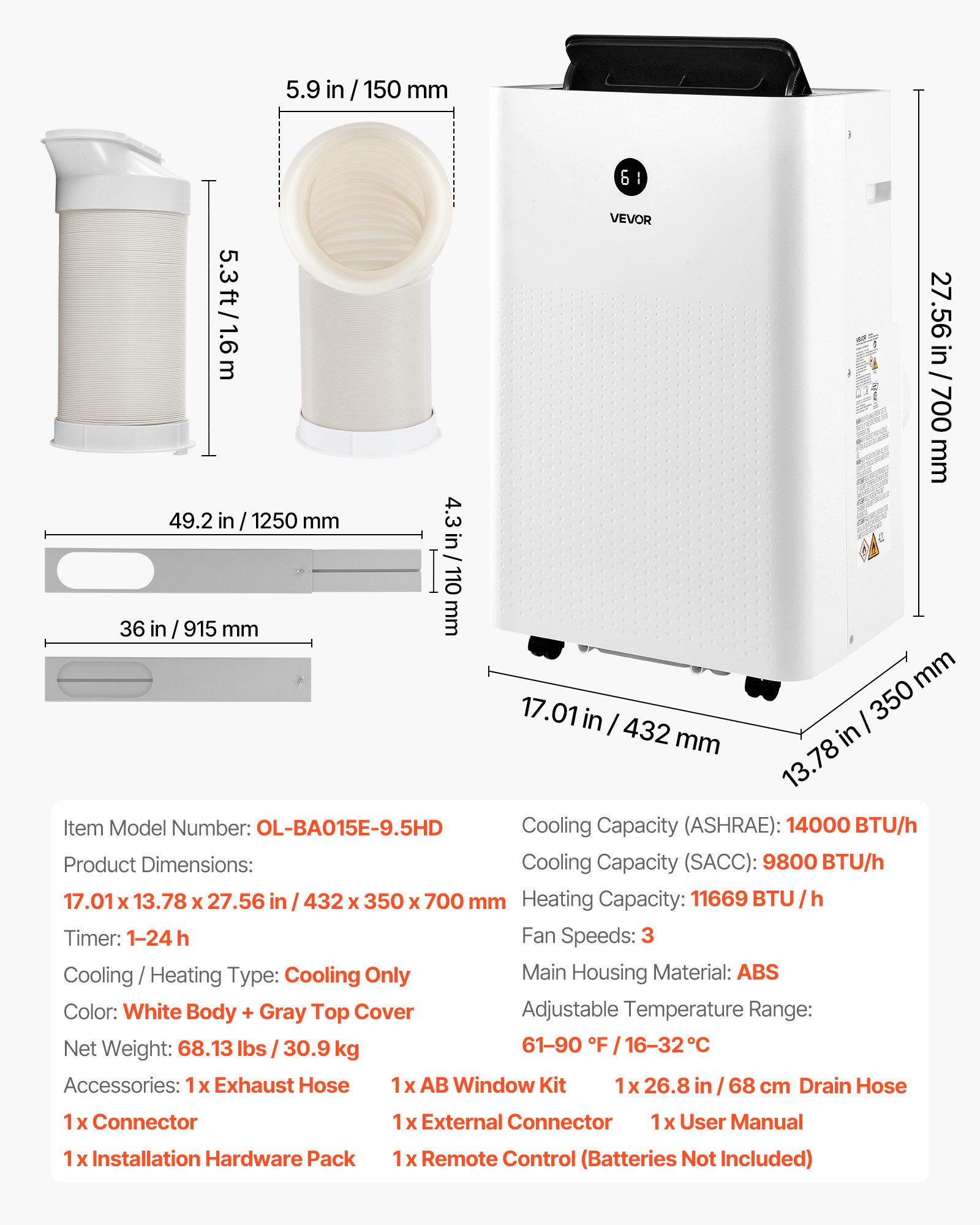 Portable Air Conditioner And Heater Combo, 14000 BTU (9800 BTU SACC) 5-in-1 Standing Cooling Ac Unit, LED Touch Panel & Remote Control, 24h Timer, Dehumidifier/Fan/Sleep Mode For Room Indoor