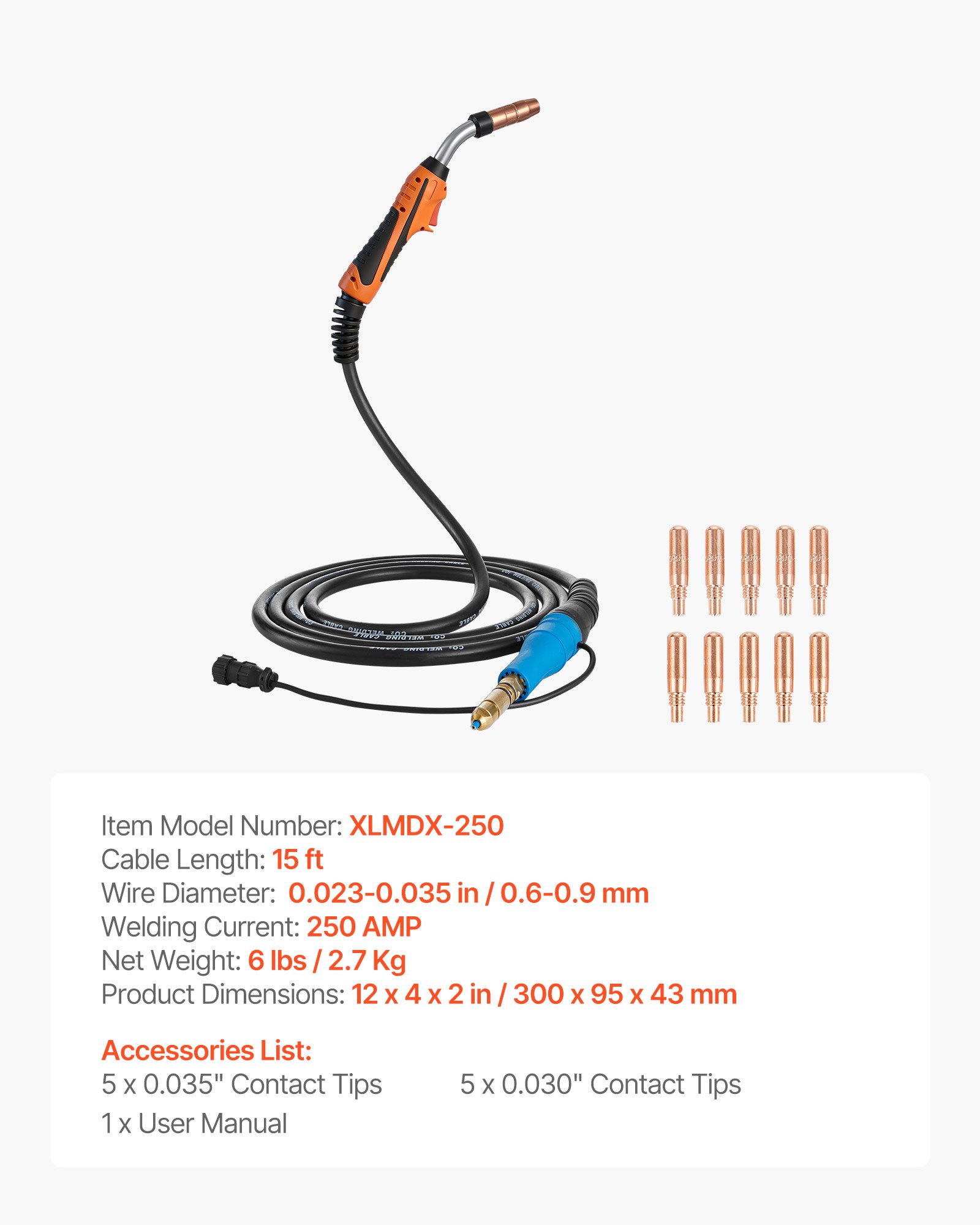 250A MIG Welding Gun With 15FT Cable, Replacement For Miller MDX-250 - With 11PCS Mig Welding Contact Tips