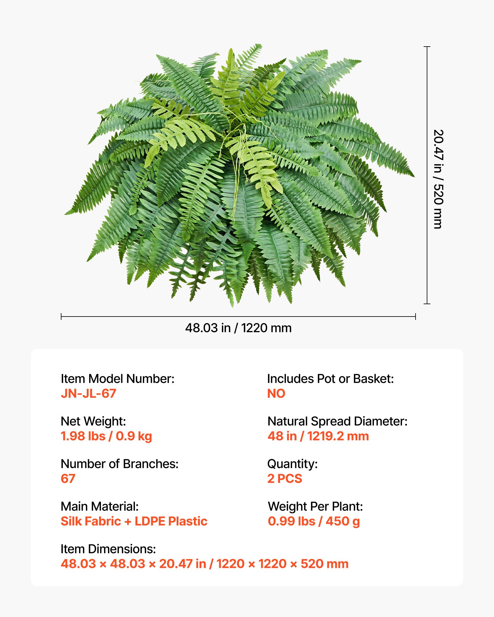 Artificial Ferns, 48 Inch Fake Boston Fern Bush Plant With 67 Fronds, Faux Greenery For Indoor/Outdoor Decor, Silk & LDPE, Suitable For Home Porch Garden Office Living Room Planter, Set Of 2