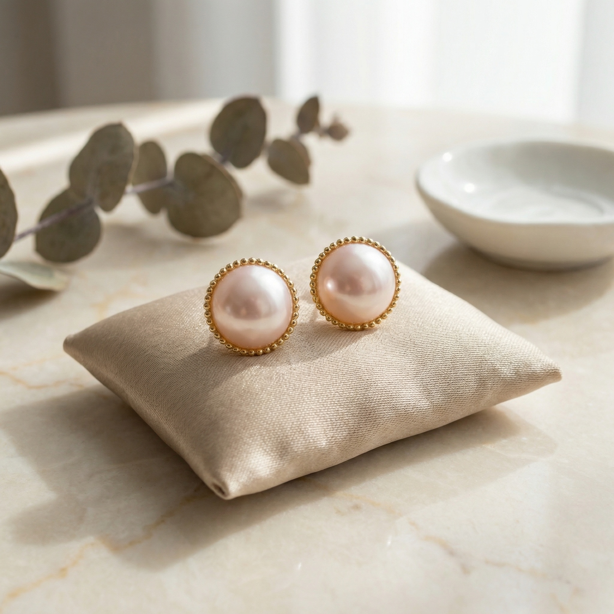 925 Sterling Silver Elegant Pink Pearl Stud Earrings with Ornate Beaded Milgrain Setting