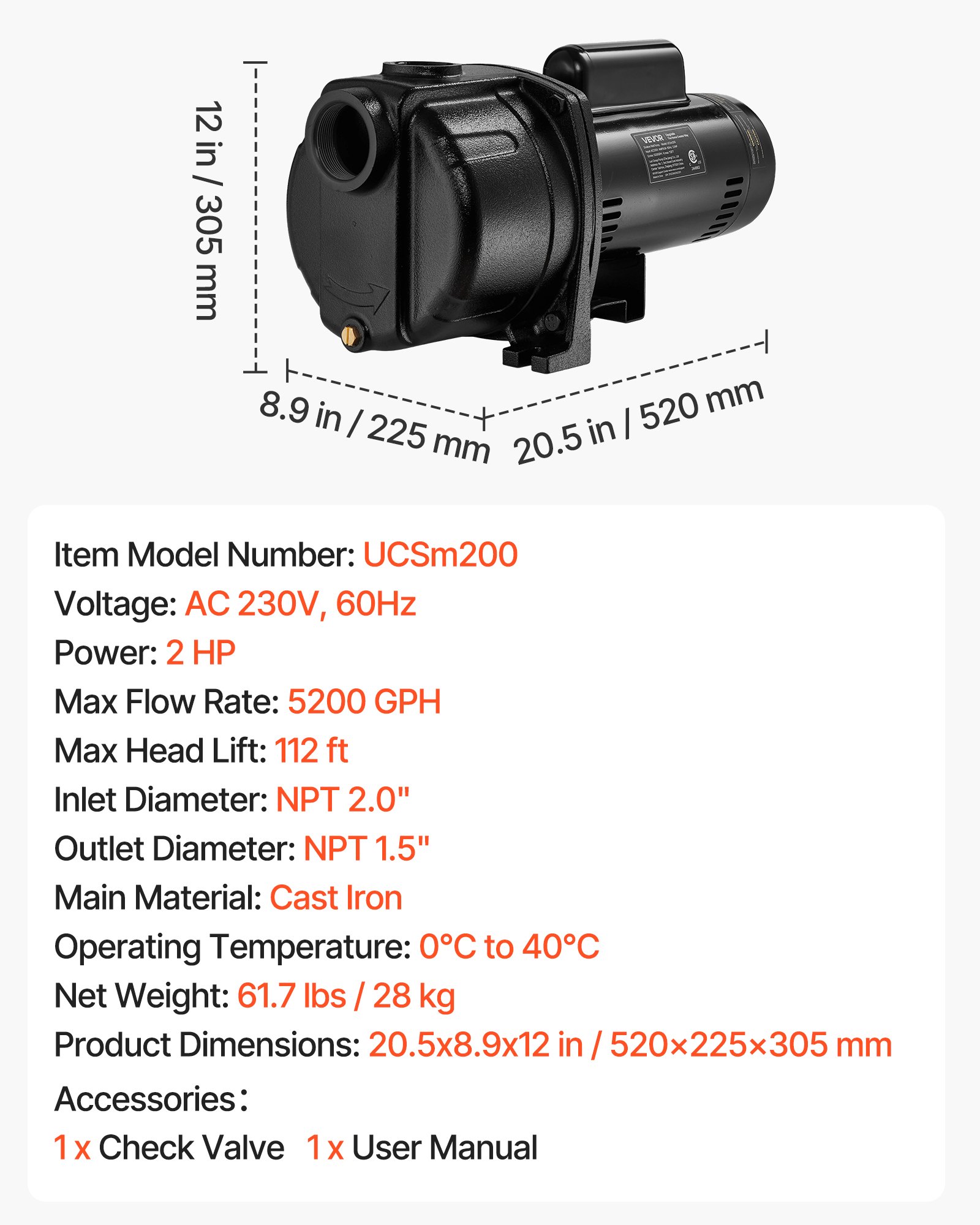 2 HP Shallow Well Jet Pump, 230 Volt, 5200 GPH Cast Iron Well Jet Pump, With 112 Ft Max Head Lift, Check Valve, Thermal Protection, Automatic On/Off, For Garden Irrigation Lawn Sprinkler System