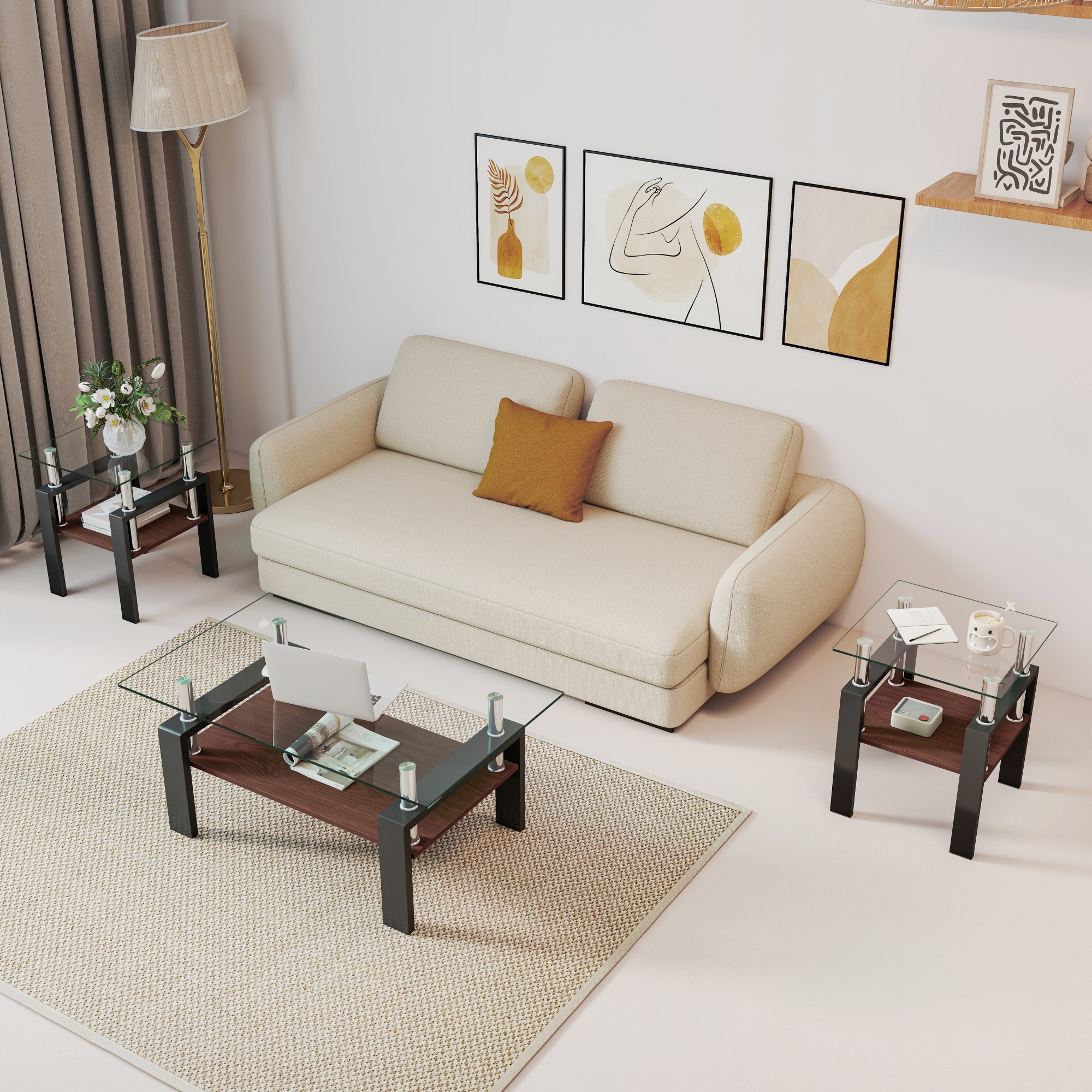 Set Of 2 Modern Tempered Glass Tea Table,Tempered Glass Tabletop With MDF Layer,Coffee Table,End Table, Square Table For Living Room, Transparent Black_voghion.com