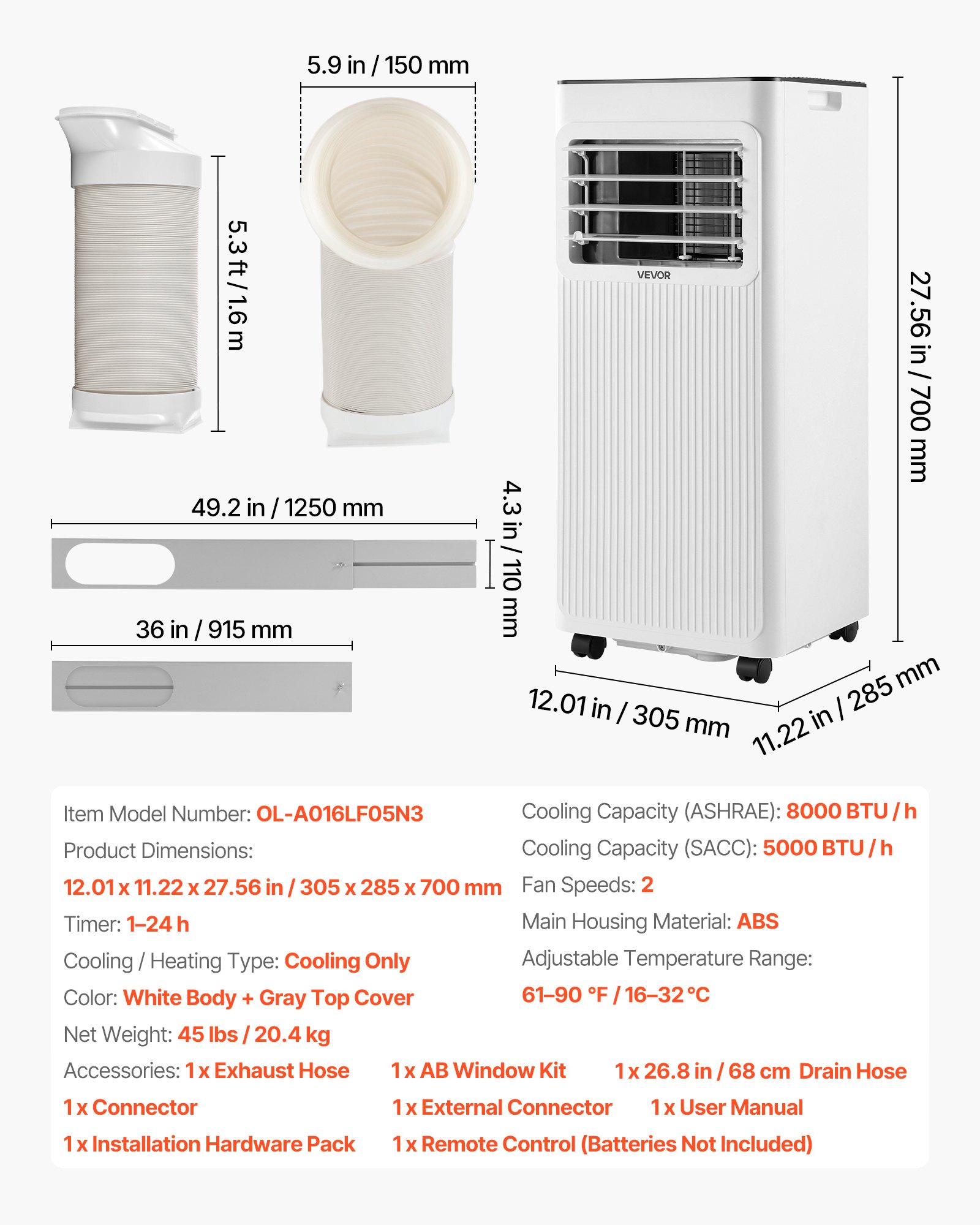 Portable Air Conditioner, 8000 BTU ASHRAE (5000 BTU SACC) 3-in-1 Standing Cooling Ac Unit, With LED Touch Panel & Remote Control, 24h Timer, Cooling, Dehumidifier, Fan For Room Indoor, White