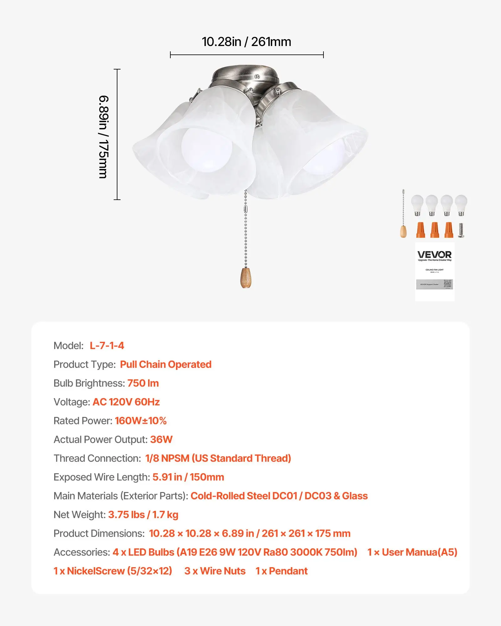 Ceiling Fan Light Kit, Four-Light 3000K 750lm