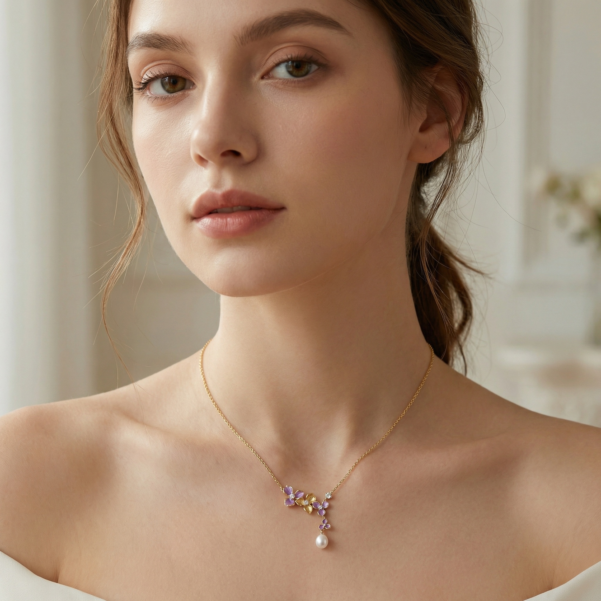 Sterling Silver Floral Pearl Necklace, picture 2 of 3