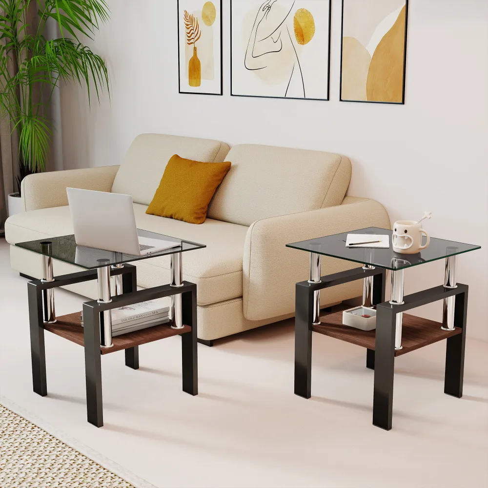 Set Of 2 Modern Tempered Glass Tea Table ,Tempered Glass Tabletop With MDF Layer,Coffee Table,End Table, Square Table For Living Room, Gray Black