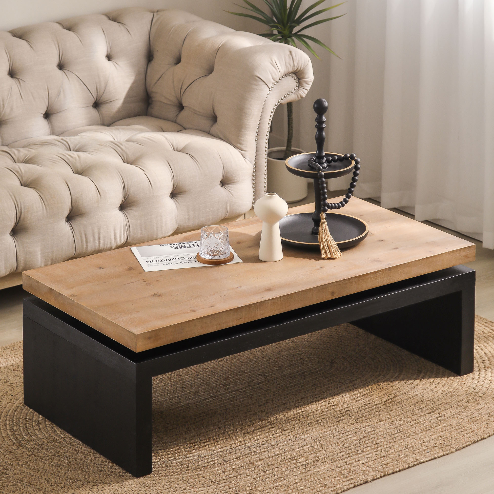 Modern Industrial Coffee Table  Two-Tone Wood Center Table With Floating Top Design 47.6  L X23.6  W X 16.3  H