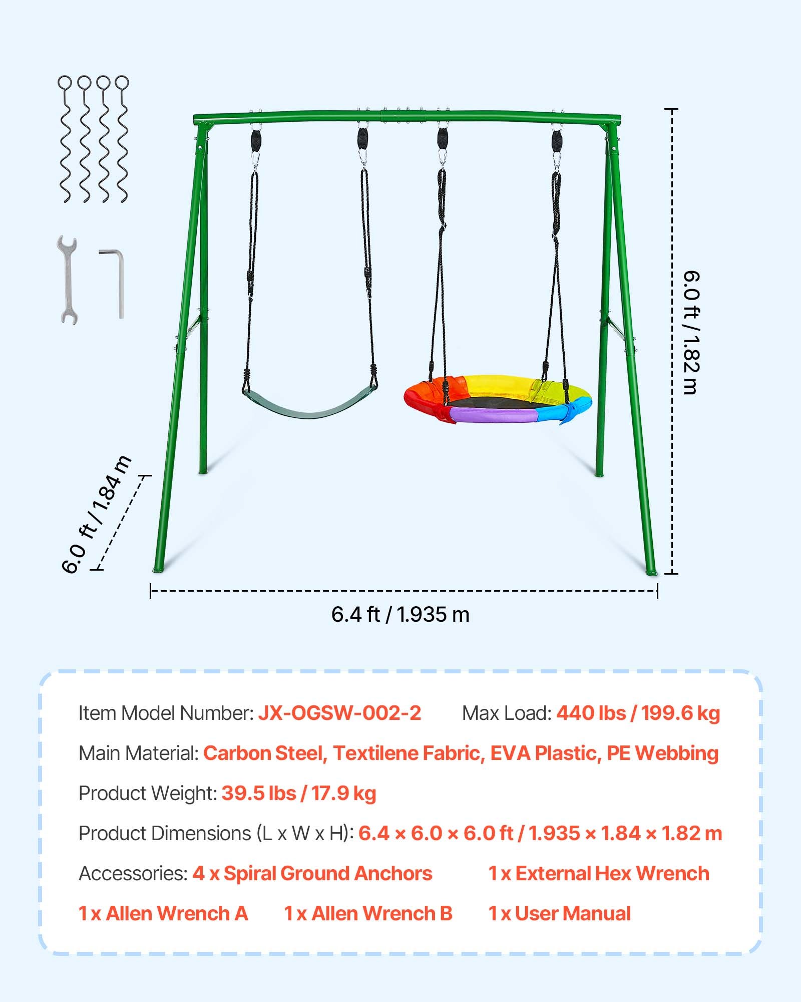 Swing Set For Backyard, 32 In Saucer Swing Seat And Belt Seat, With Heavy Duty A-Frame Metal Stand, 440 Lbs Load Capacity, Reinforced With Spiral Ground Anchors, Swingset Outdoor For Kids - Image 1