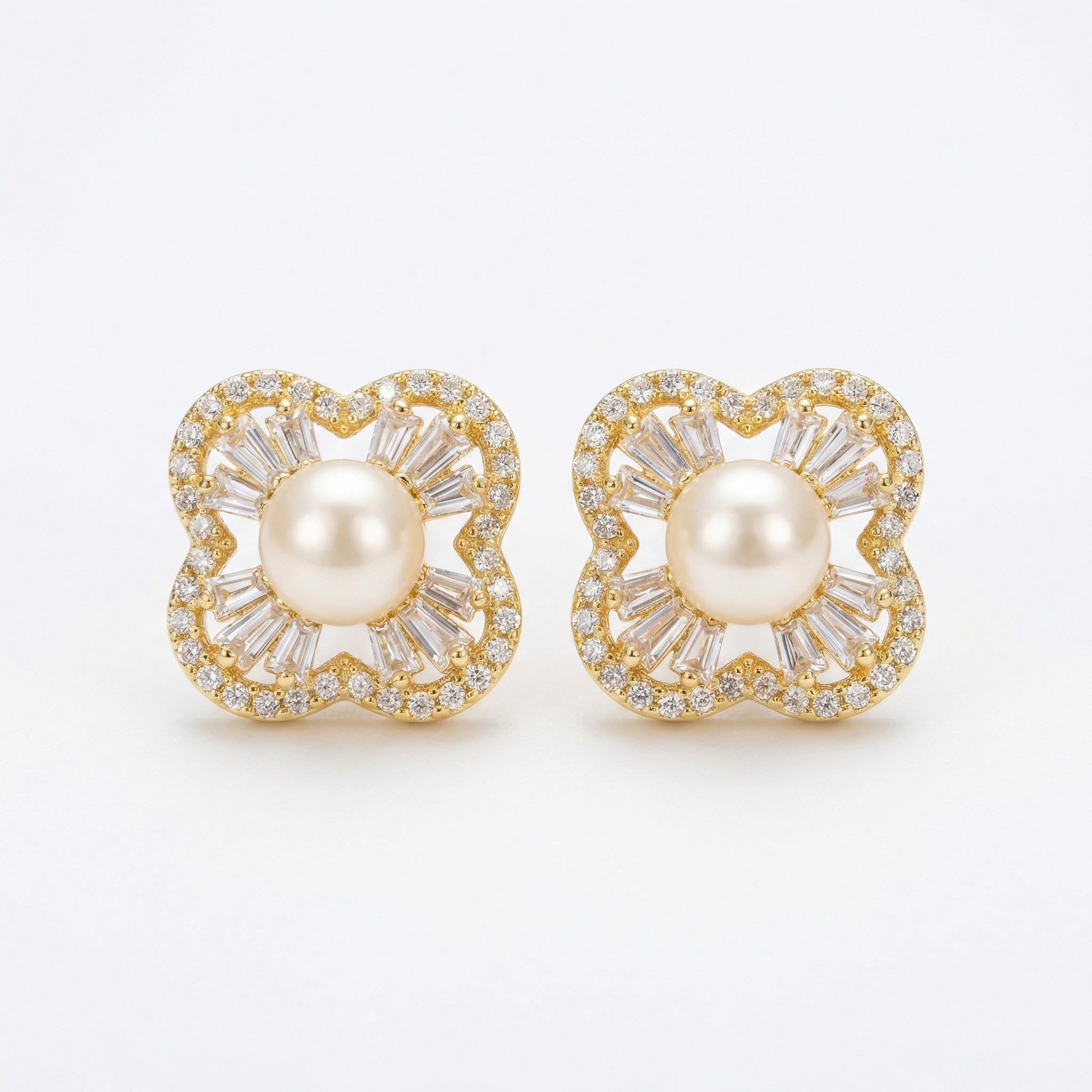 Sterling Silver Pearl Quatrefoil Stud Earrings
