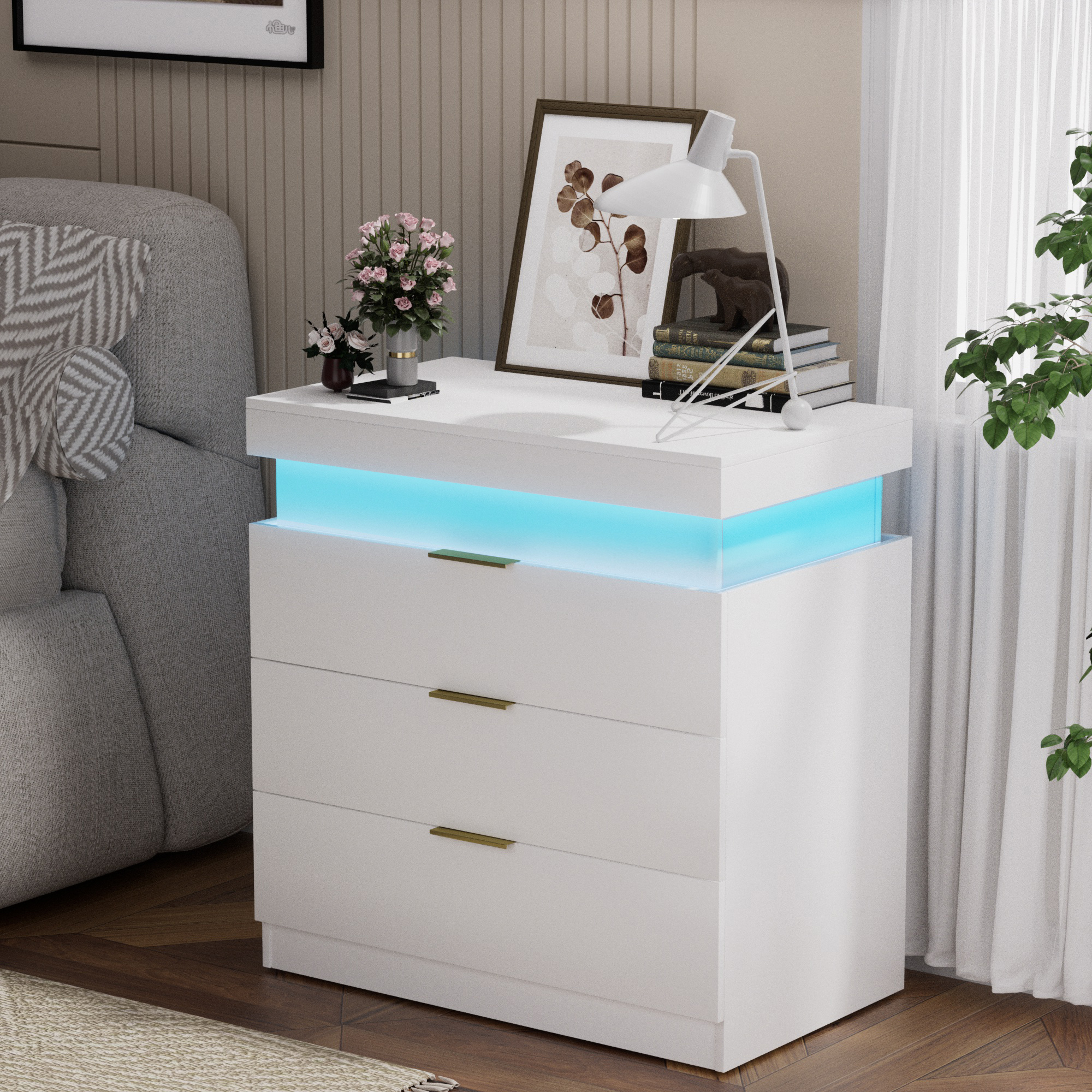 Nightstand With Charging Station And LED Lights,Night Stand With Sliding Top For Bedroom,Bedside Table With Drawers,Modern End Side Table,White.28.8 W X 17 D X 30.5 H. - Image 1