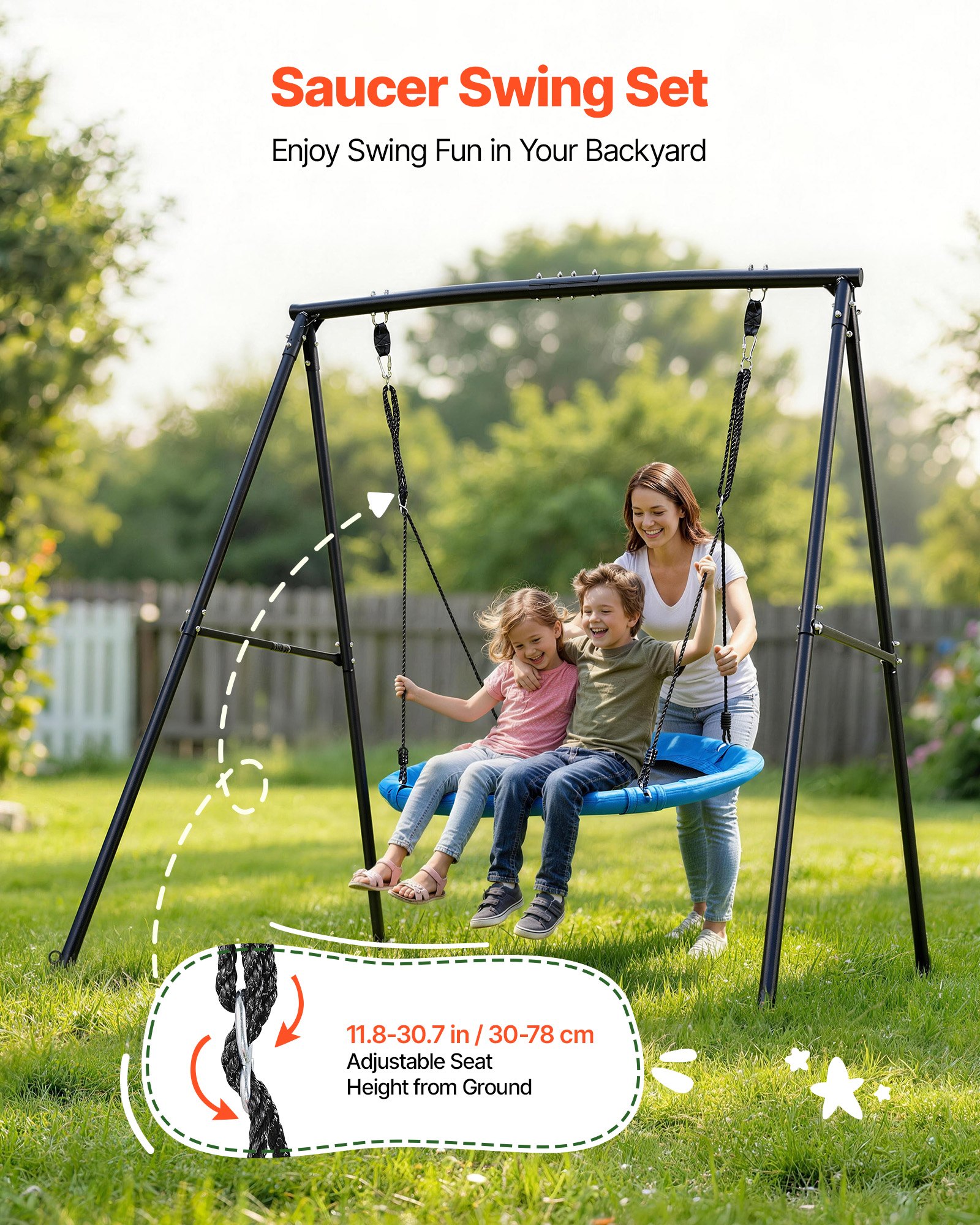 Swing Set For Backyard, 40 In Saucer Swing Seat With Heavy Duty A-Frame Metal Stand, 440 Lbs Load Capacity, Reinforced With Spiral Ground Anchors, Swingset Outdoor For Kids, Black And Blue
