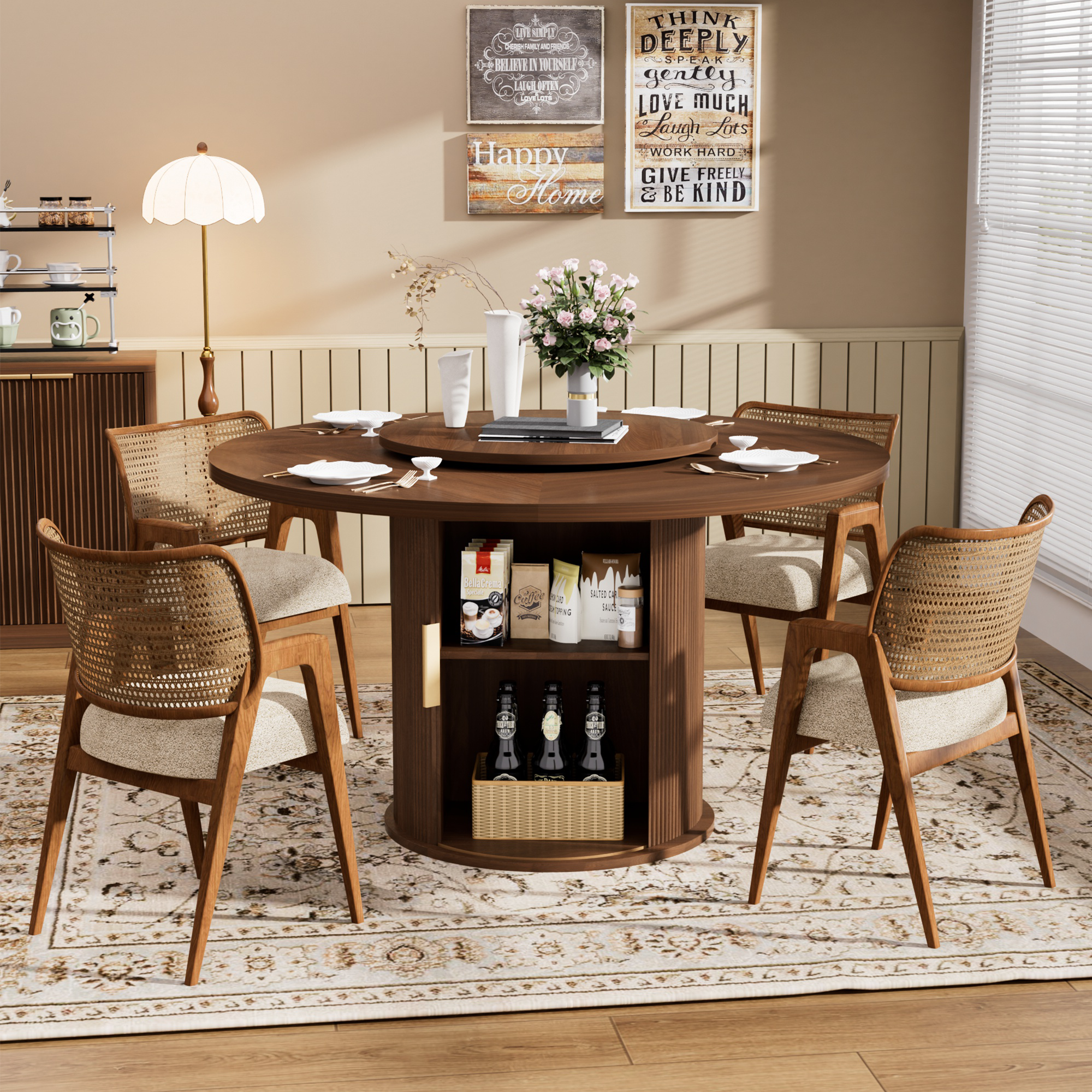 55-inch Round Dining Table For Six, Featuring A Double-tiered Storage Rack And A Rotating Tabletop Tray. Wooden Wavy-striped Sliding Doors. Ideal For Home Dining Room Living Room Walnut