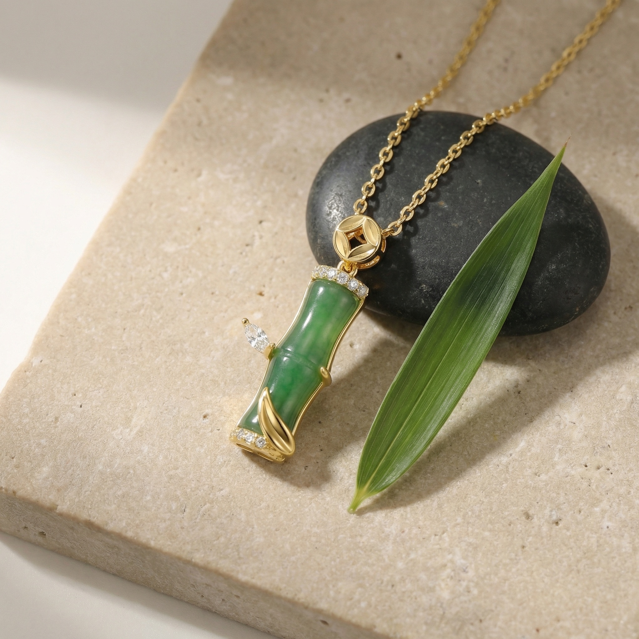 925 Sterling Silver Elegant Jade Bamboo Pendant Necklace with Sparkling Diamond Accents and Delicate Leaf Detail 3