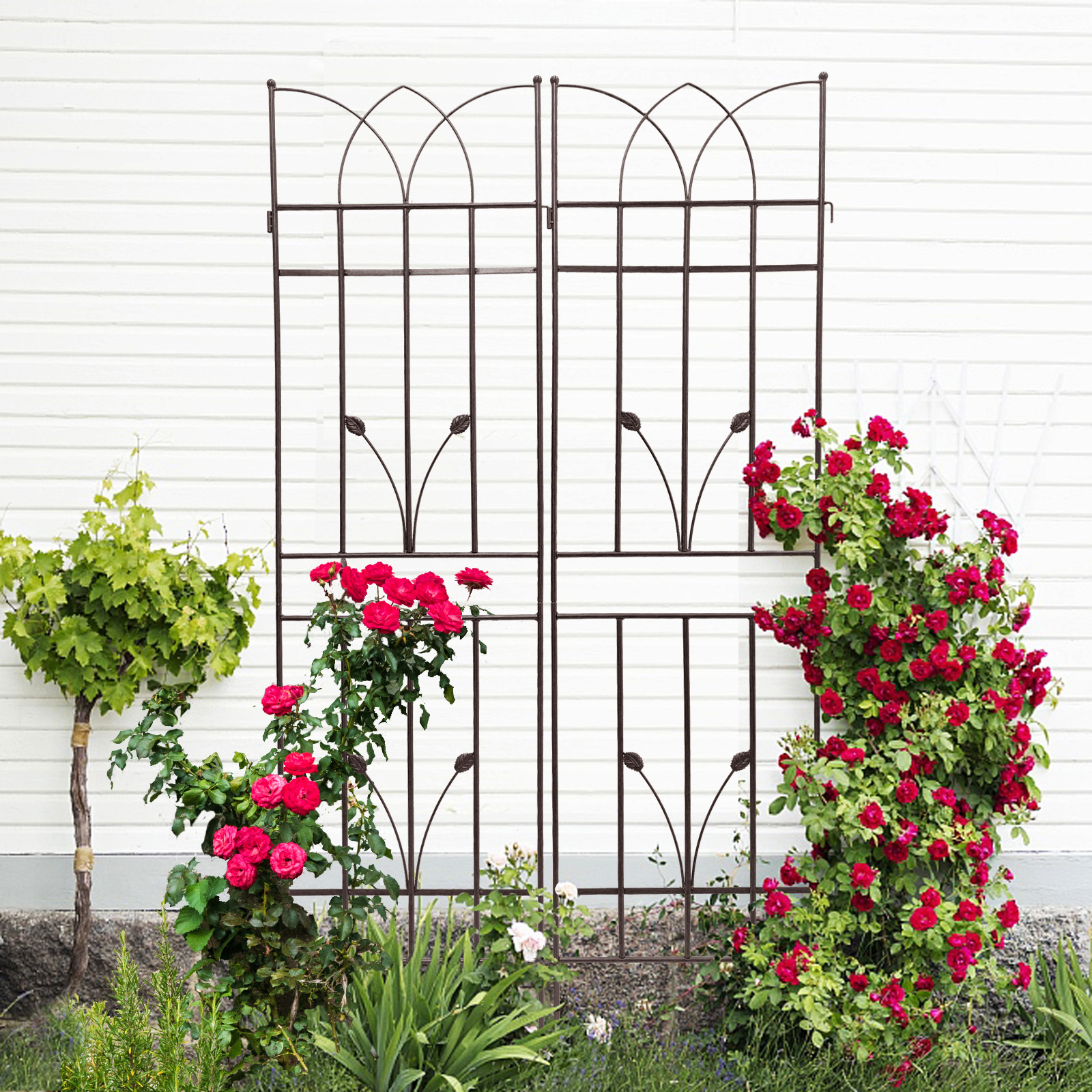 Metal Garden Trellis Set For Climbing Plants Rustproof Brown_voghion.com