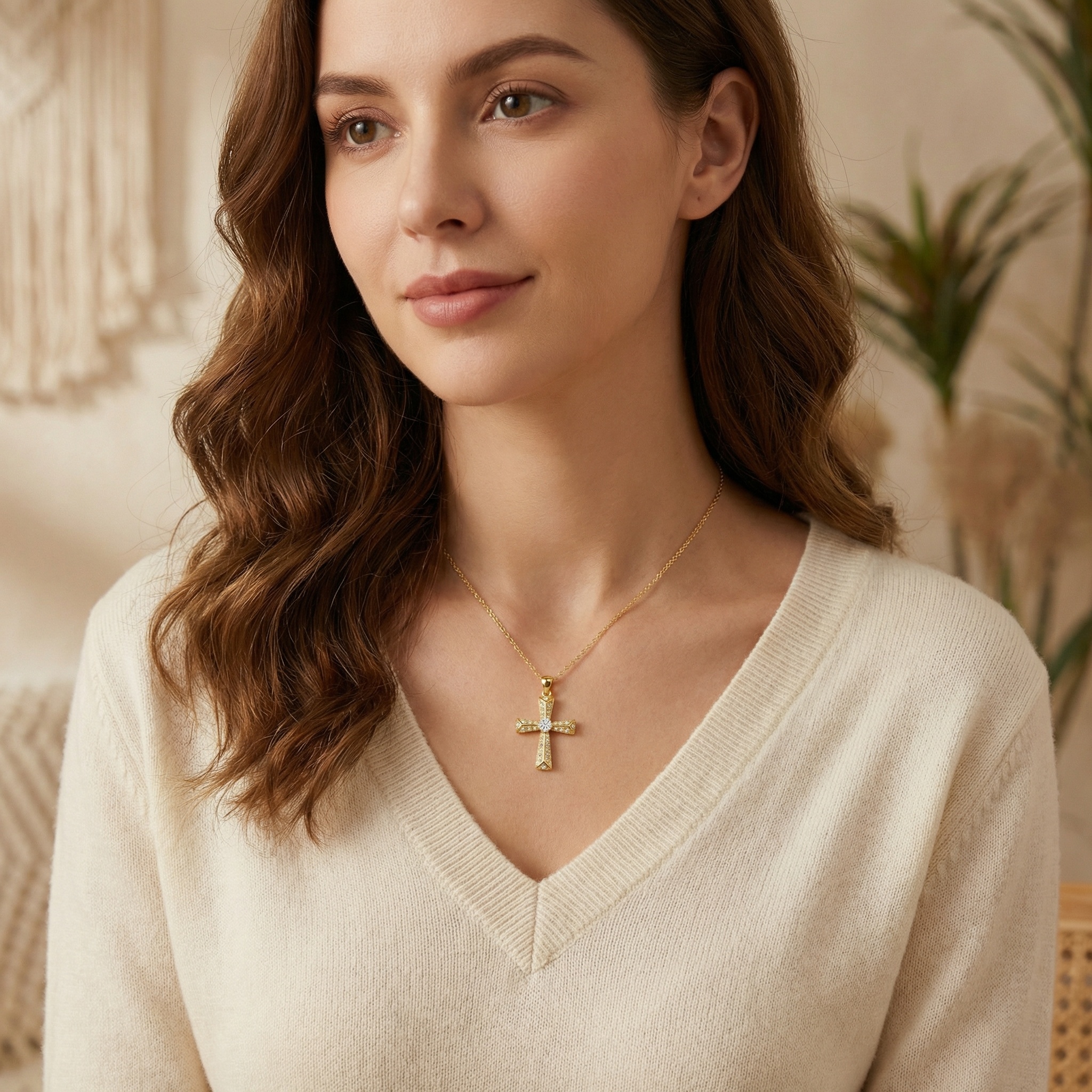 925 Sterling Silver Elegant Radiant Cross Pendant Necklace with Sparkling Accents