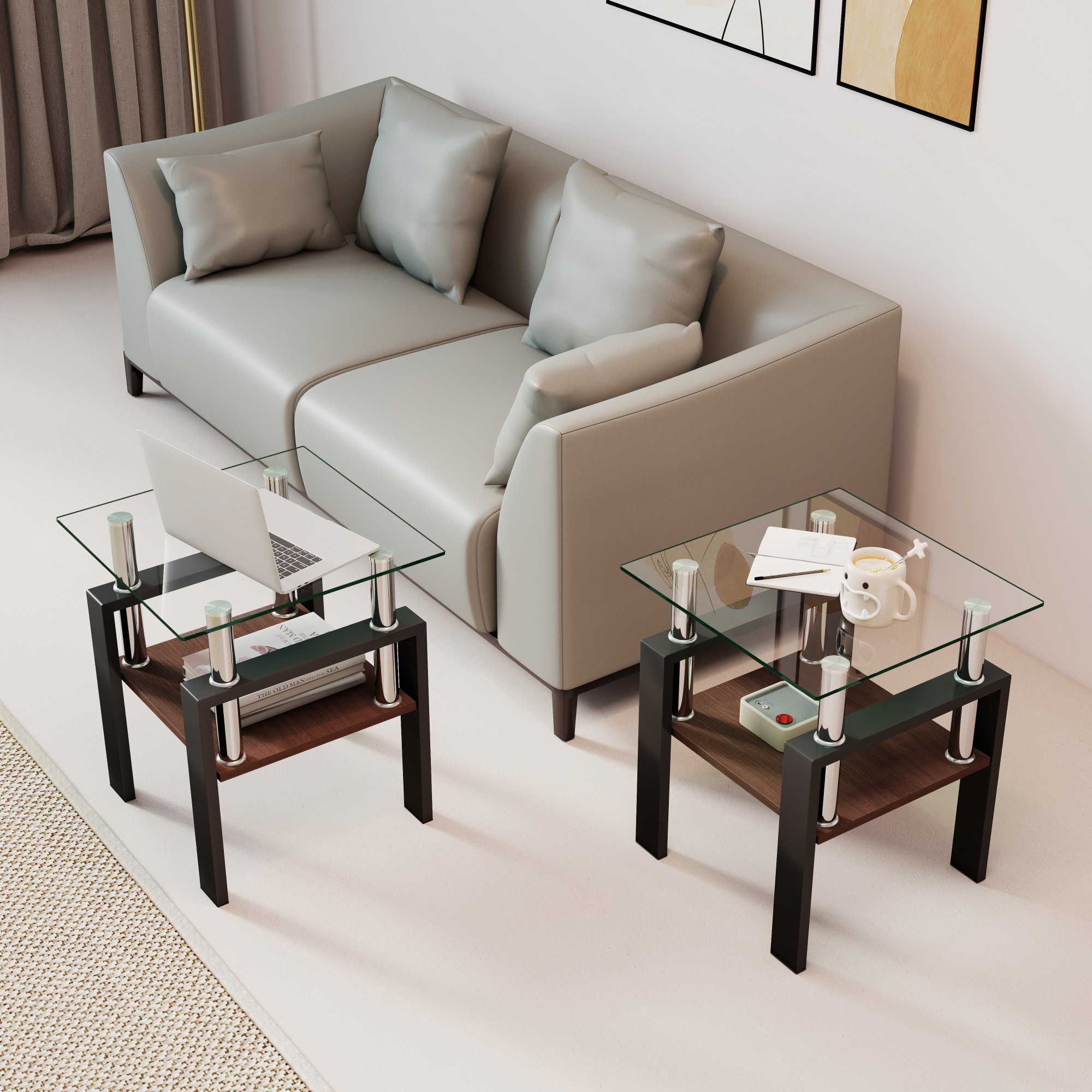 Set Of 2 Modern Tempered Glass Tea Table,Tempered Glass Tabletop With MDF Layer,Coffee Table,End Table, Square Table For Living Room, Transparent Black_voghion.com