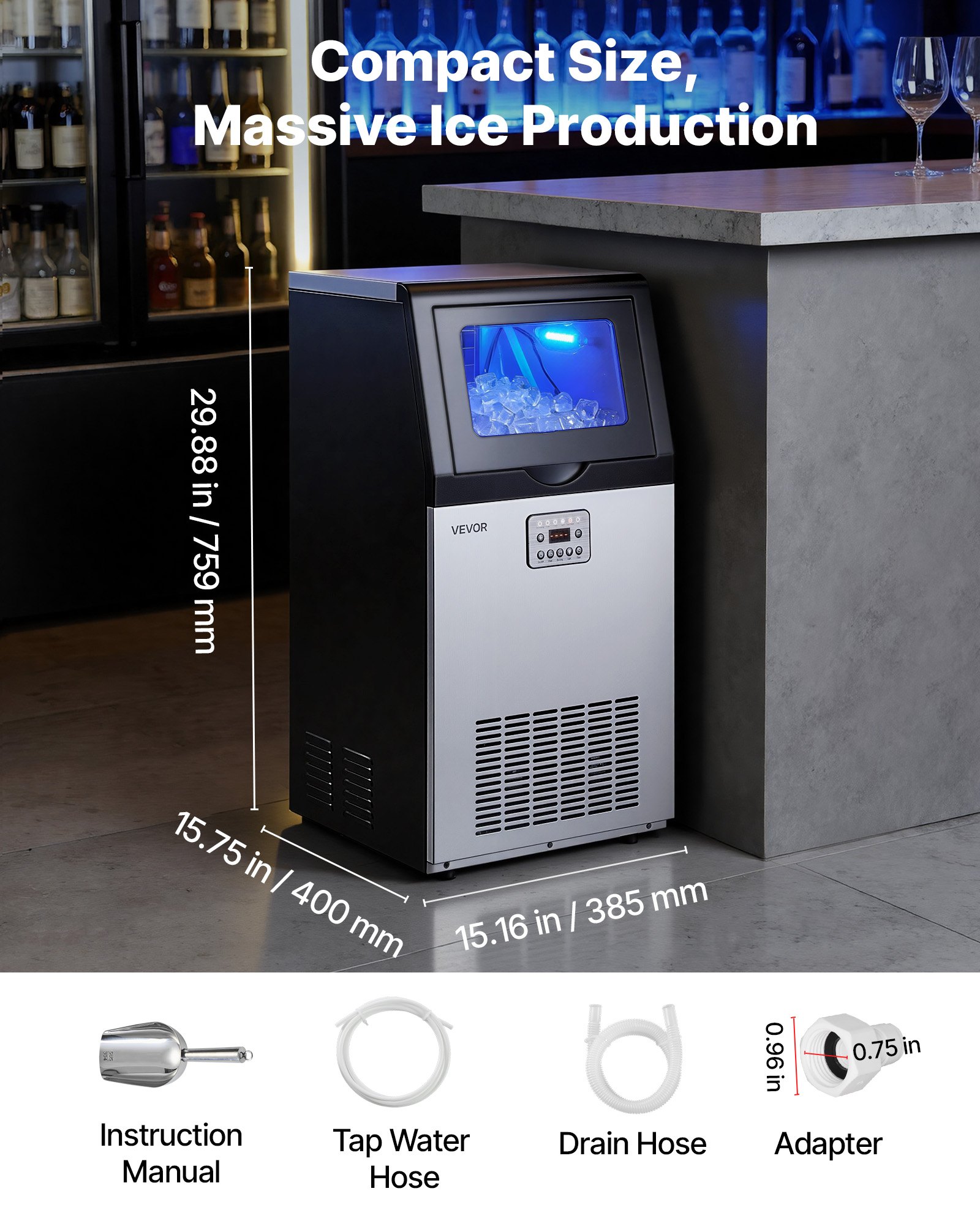 Commercial Ice Maker Machine, 100 Lbs/24h With 30 Lbs Storage Capacity, Built-in/Freestanding/Under Counter, Stainless Steel Ice Maker With LED Display & Self-Cleaning, For Home Bar Restaurant