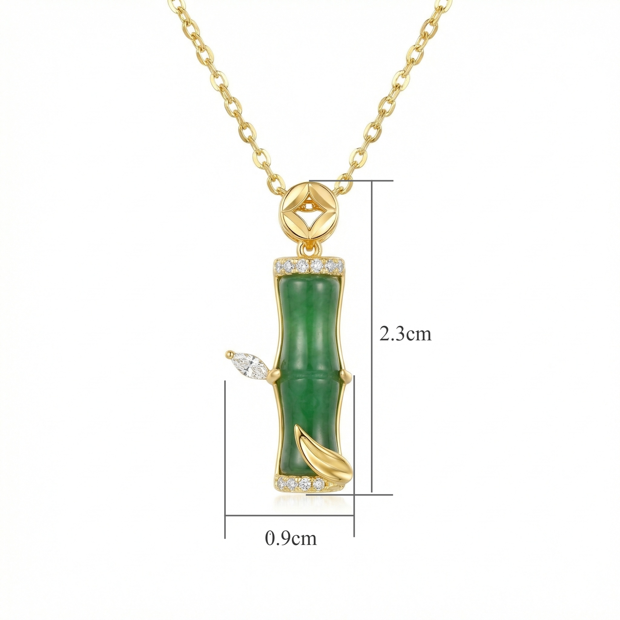 925 Sterling Silver Elegant Jade Bamboo Pendant Necklace with Sparkling Diamond Accents and Delicate Leaf Detail 4