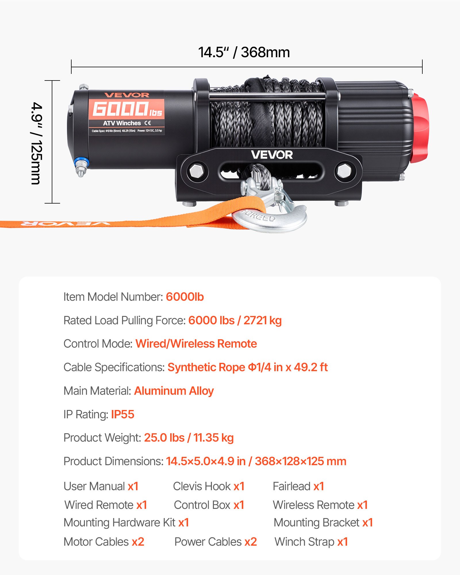 6000 Lbs Electric Winch, 12V DC ATV/UTV Winch With Φ0.24 In X 49.2 Ft Synthetic Rope, Wireless & Wired Remote Control, IP55 Waterproof, With Fairlead Mount Plate For Towing ATV UTV Off-Road - Image 1