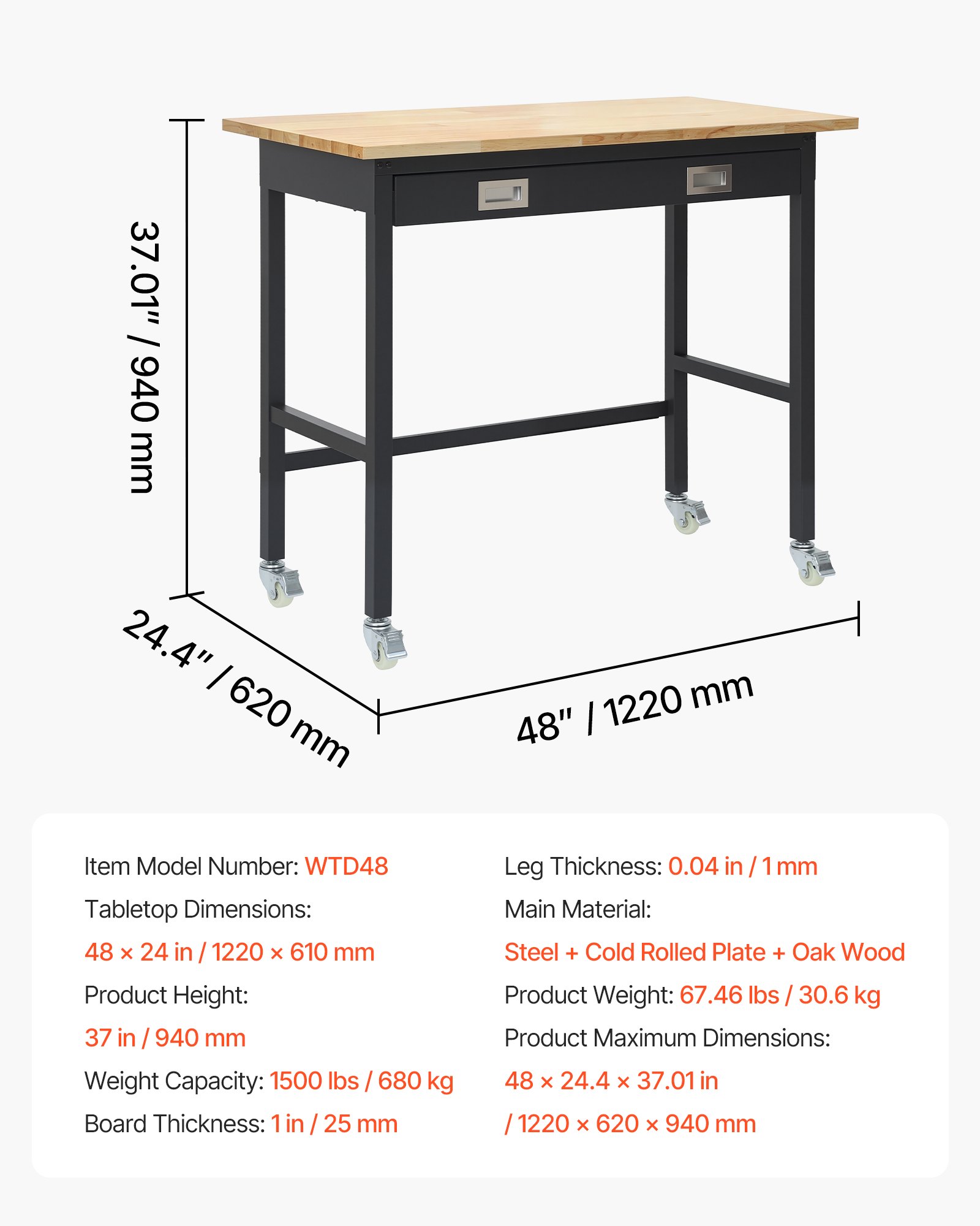 48-inch Workbench, 1500 Lbs Load Capacity, Garage Workbench With Drawer Storage & Wheels, Workshop Bench On Wheels, Heavy Duty Oak Wood Top Work Table For Garage, Workshop, Office, And Home