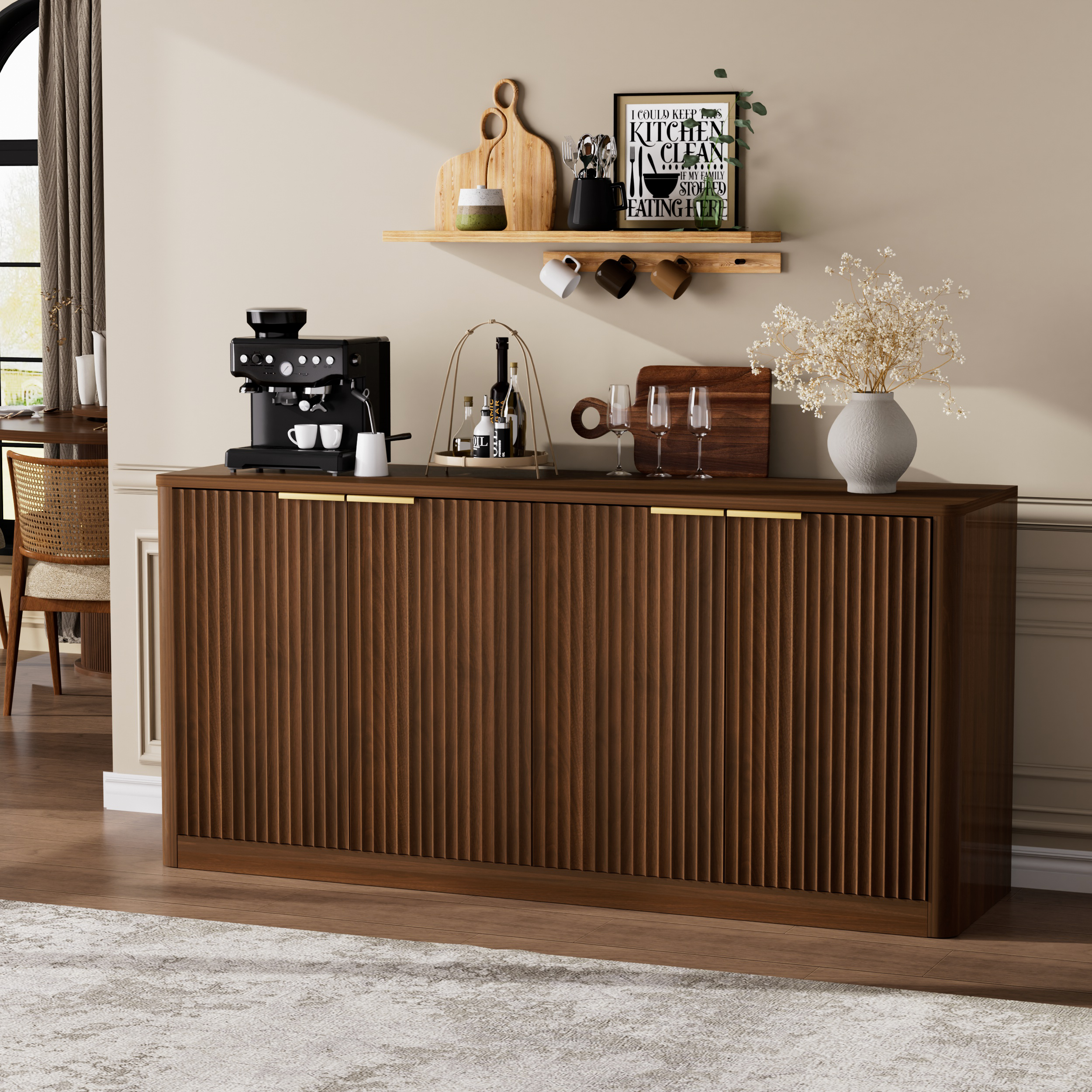 59-inch Modern Wavy Sideboard, Curved Contour Design Storage Cabinet, 4-door Cabinet With Storage Function, Suitable For Kitchen Bedroom Living Room, Walnut, 59.0 L X 15.7 W X 27.7 H
