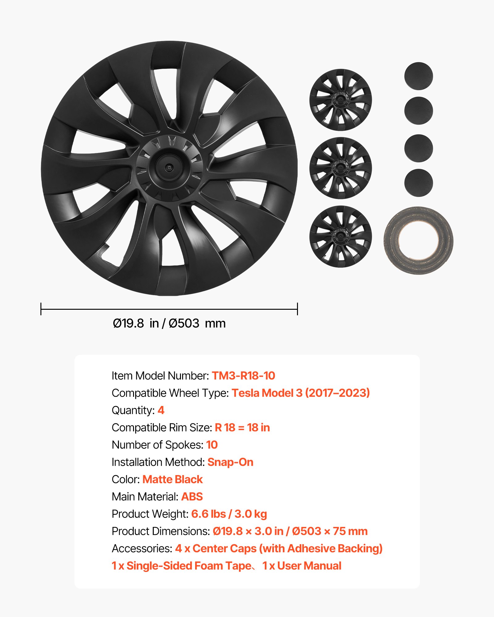 Hubcaps Wheel Covers For 2017-2023 Tesla Model 3, 18 Inch Set Of 4 Wheel Rim Cover Hubcaps OEM Style Replacement, R18 Size Snap On Car Hub Caps, Premium 10-Spoke ABS Tire Rim Caps, Matte Black