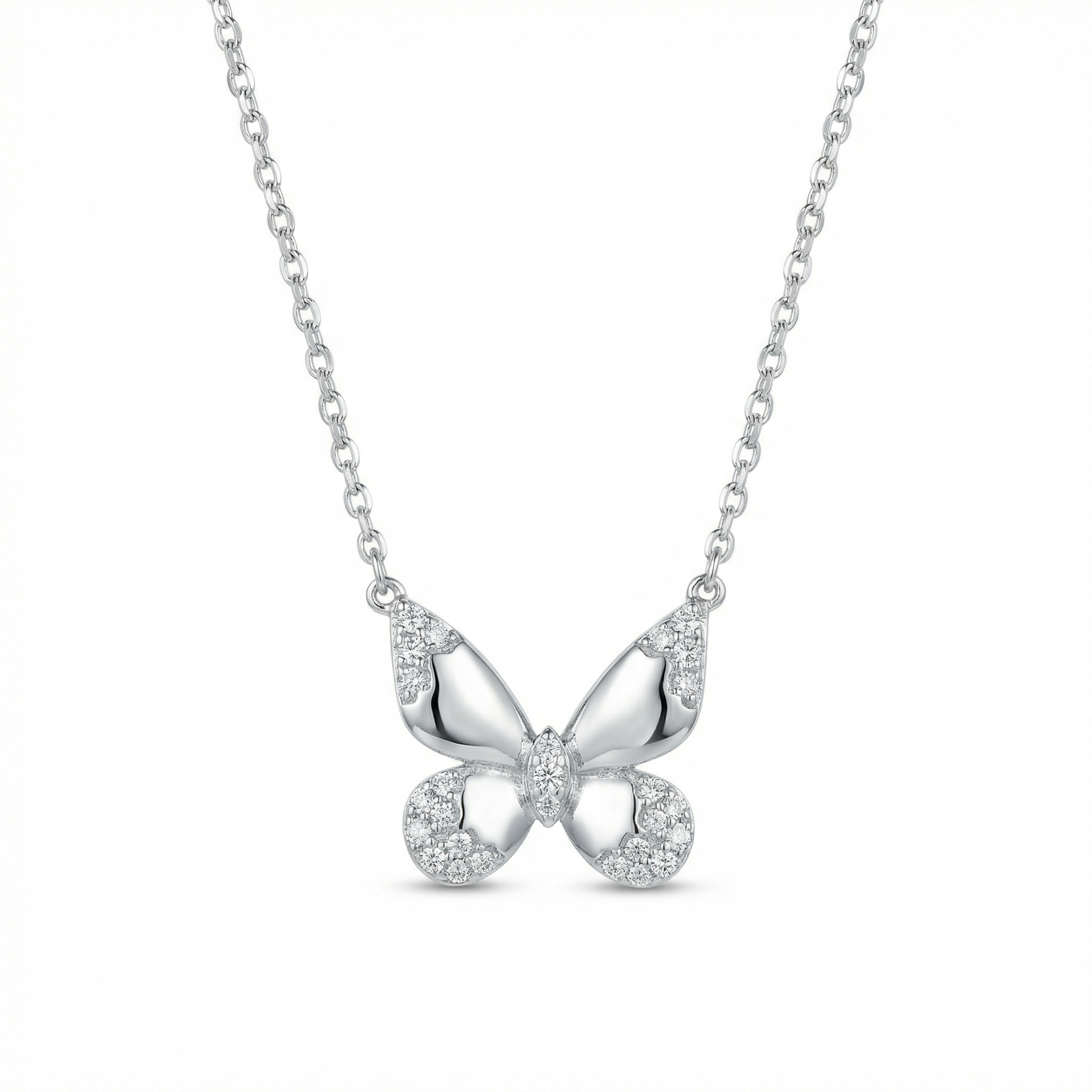 925 Sterling Silver Elegant Sterling Silver Butterfly Pendant Necklace with Round Cut Diamonds 