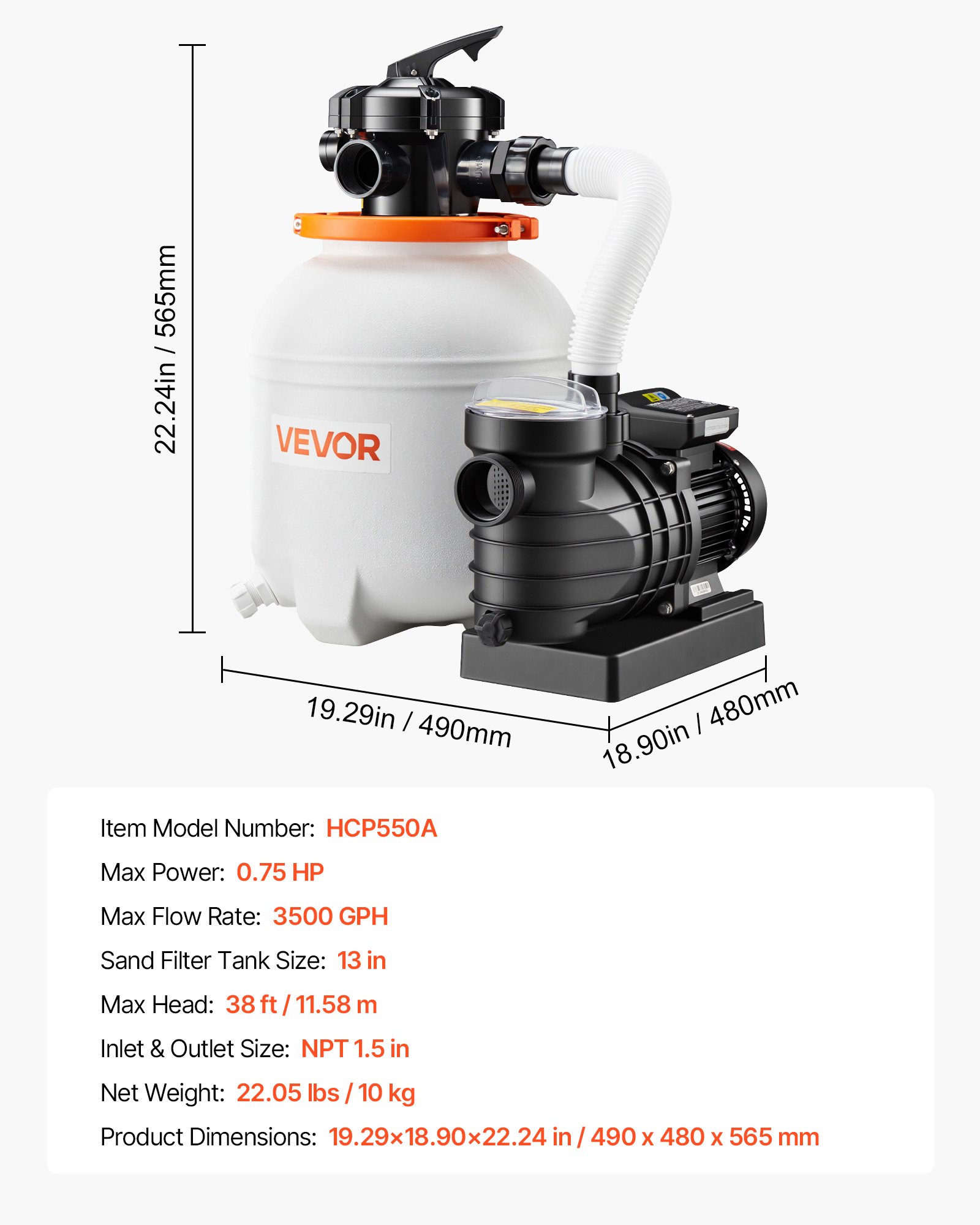 13 In Sand Filter Pump For Above Ground Pool, 0.75 HP 3500 GPH, Swimming Pool Sand Filter Pump With Pre-Assembled Core & Leak-Resistant Design, 6-Way Valve, High-Efficiency Filtration For Pools