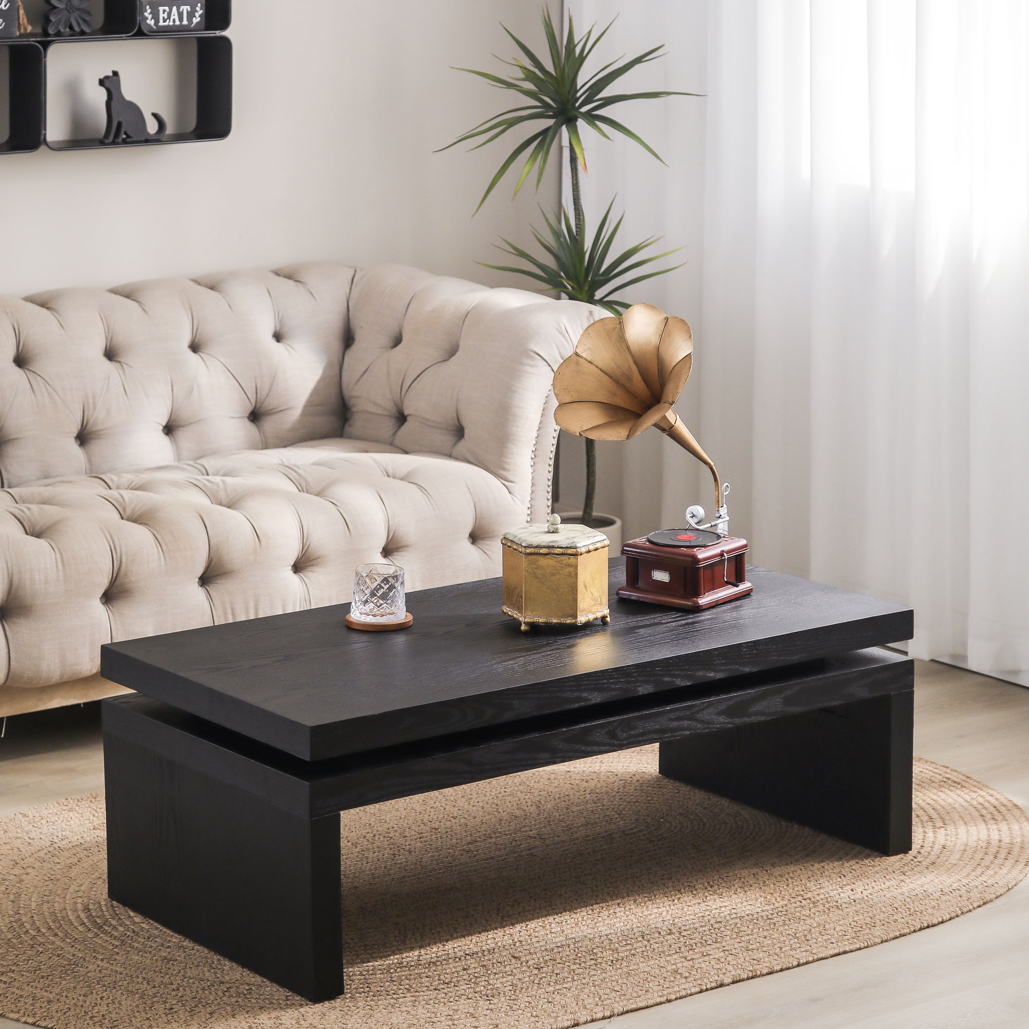 Modern Black Wood Coffee Table  Sleek Floating Top Design For Living Room 47.6  Lx23.6  W X16.3  H