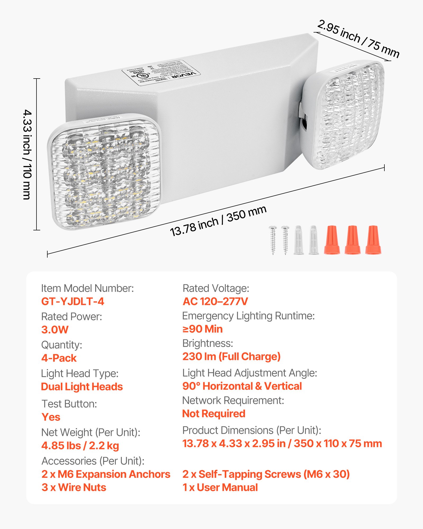 4 Pack Emergency Lights For Business, With Battery Backup, Commercial LED Emergency Exit Lighting Fixtures, AC 120/277V, With Two Square Head Adjustable, 90-Minute Backup, For Business, White