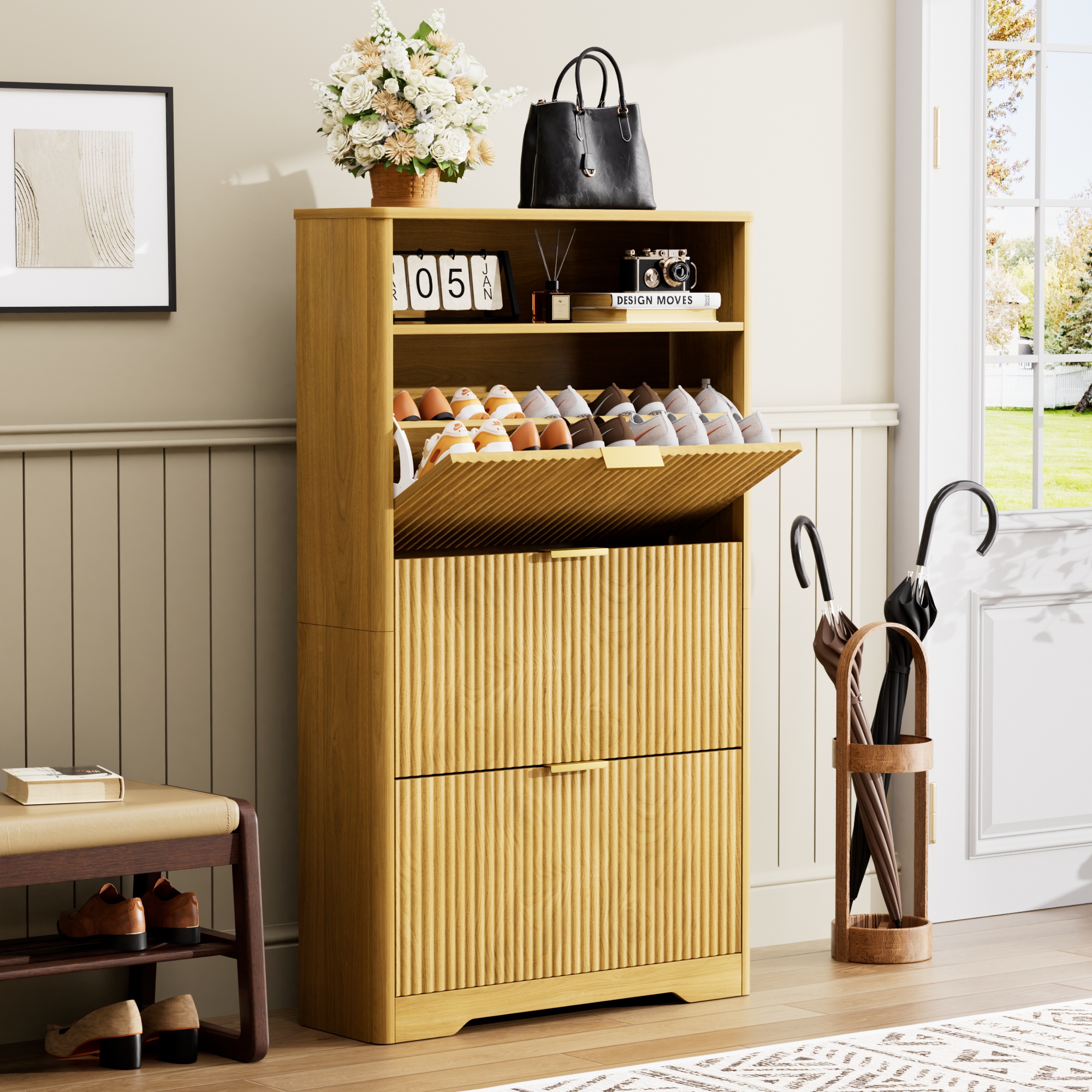 Shoe Cabinet Storage For Entryway Hidden Shoes Storage Cabinet With 3 Flip Drawers, Tall Free Standing Shoe Organizer Rack For Foyer, Hallway. Natural,31.6  L X 9.6  W X 54.4  H.