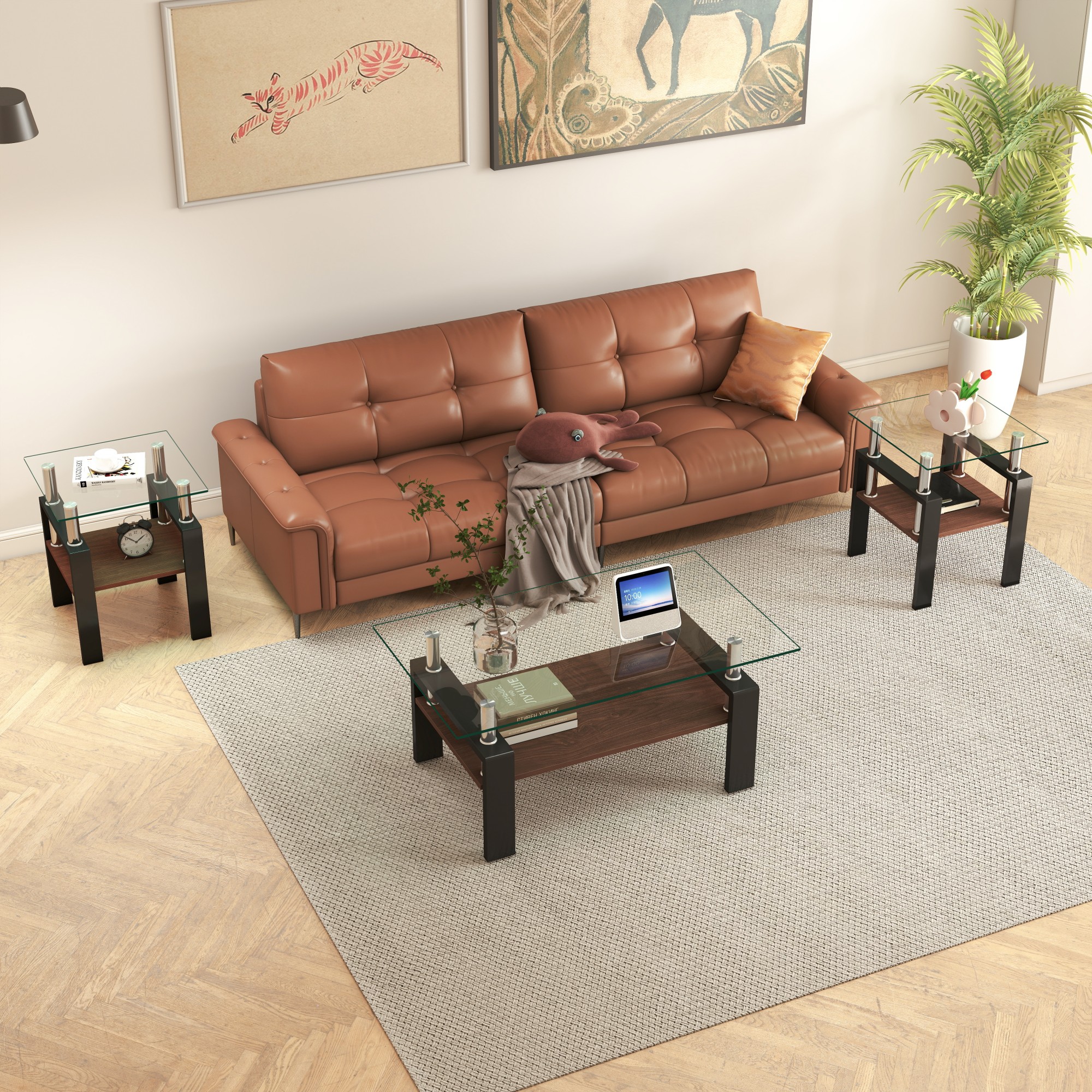 Set Of 2 Modern Tempered Glass Tea Table,Tempered Glass Tabletop With MDF Layer,Coffee Table,End Table, Square Table For Living Room, Transparent Black_voghion.com