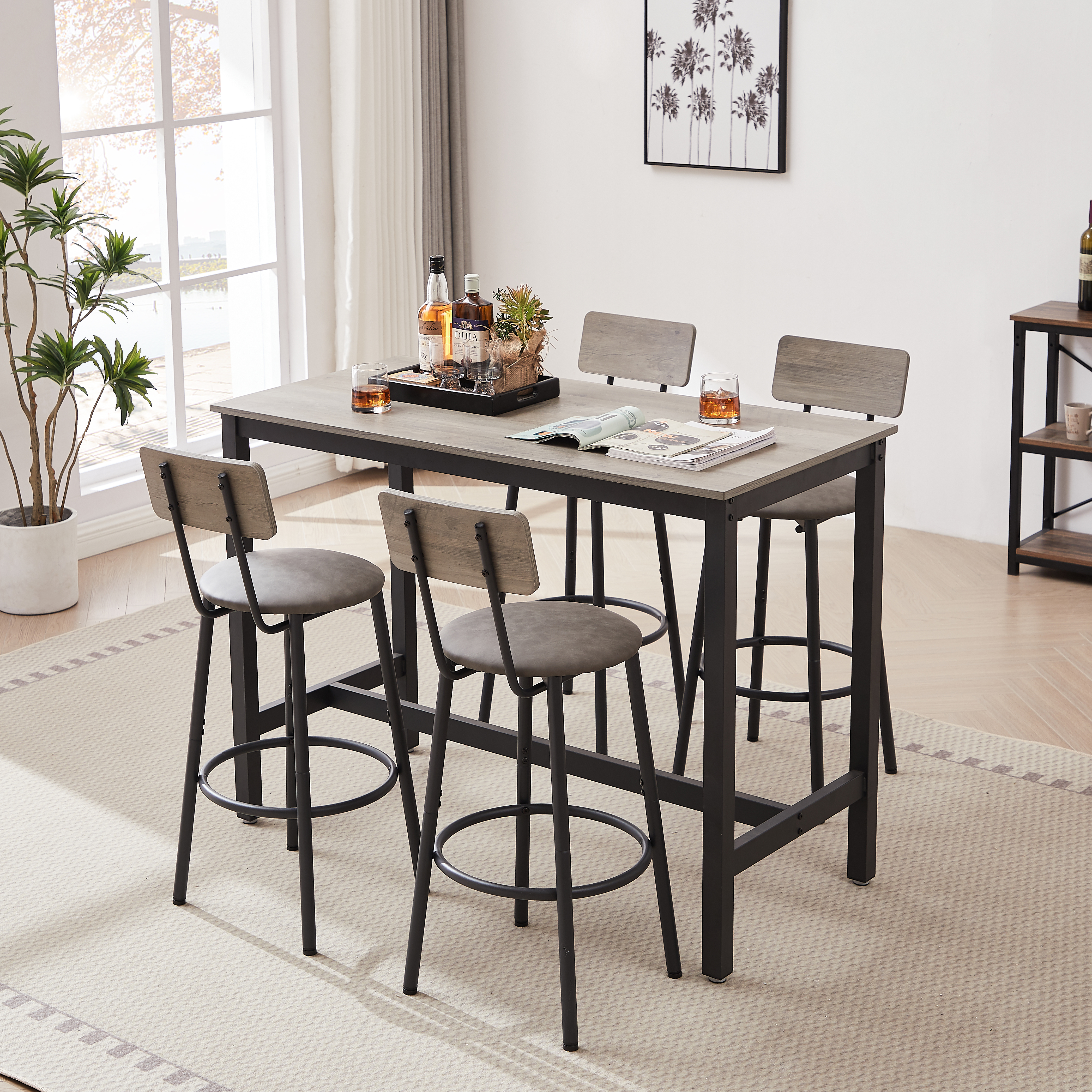 Bar Table Set With 4 Bar Stools PU Soft Seat With Backrest, Grey, 47.24  L X 23.62  W X 35.43  H