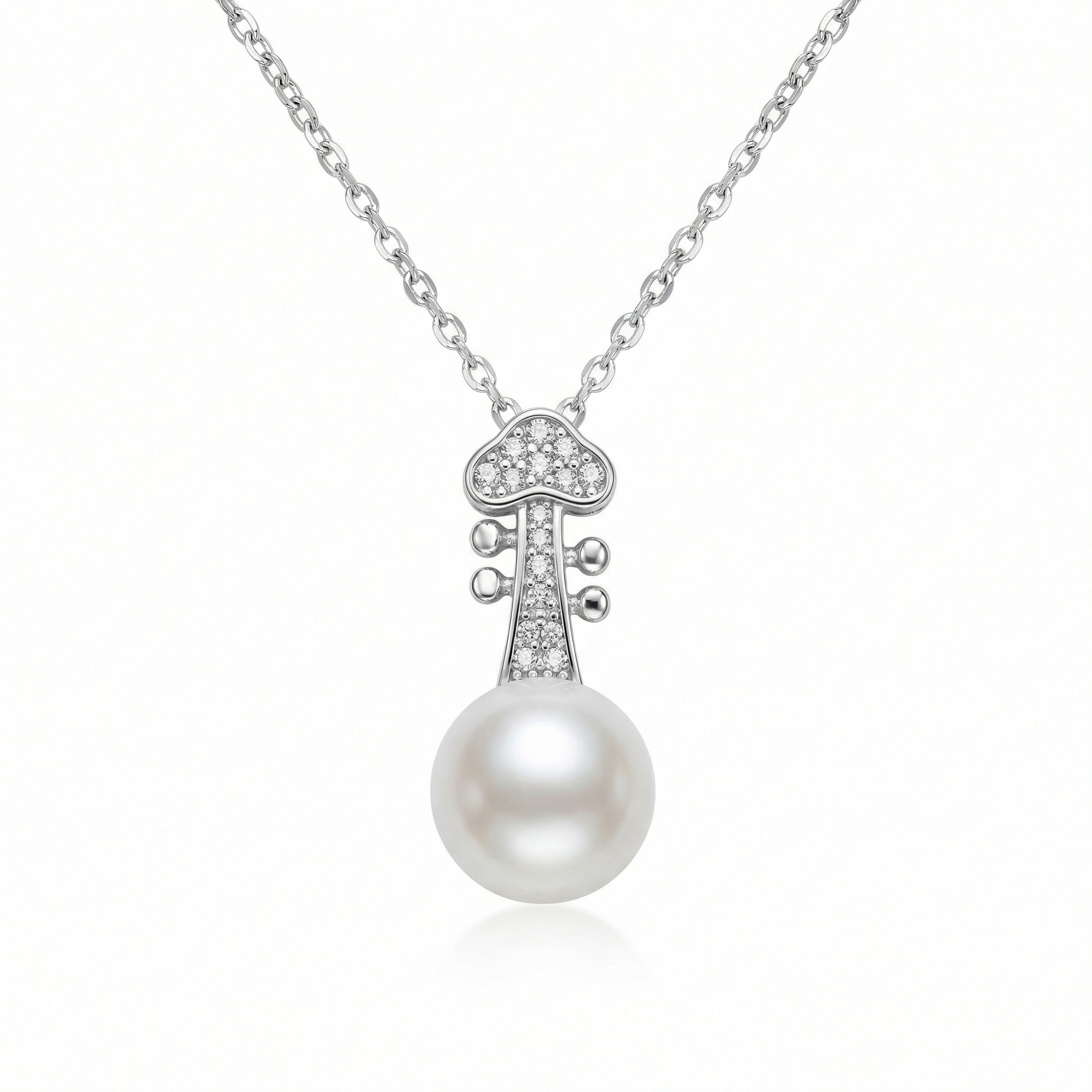 925 Sterling Silver Elegant Violin Scroll Pearl Pendant Necklace with Sparkling Accents 