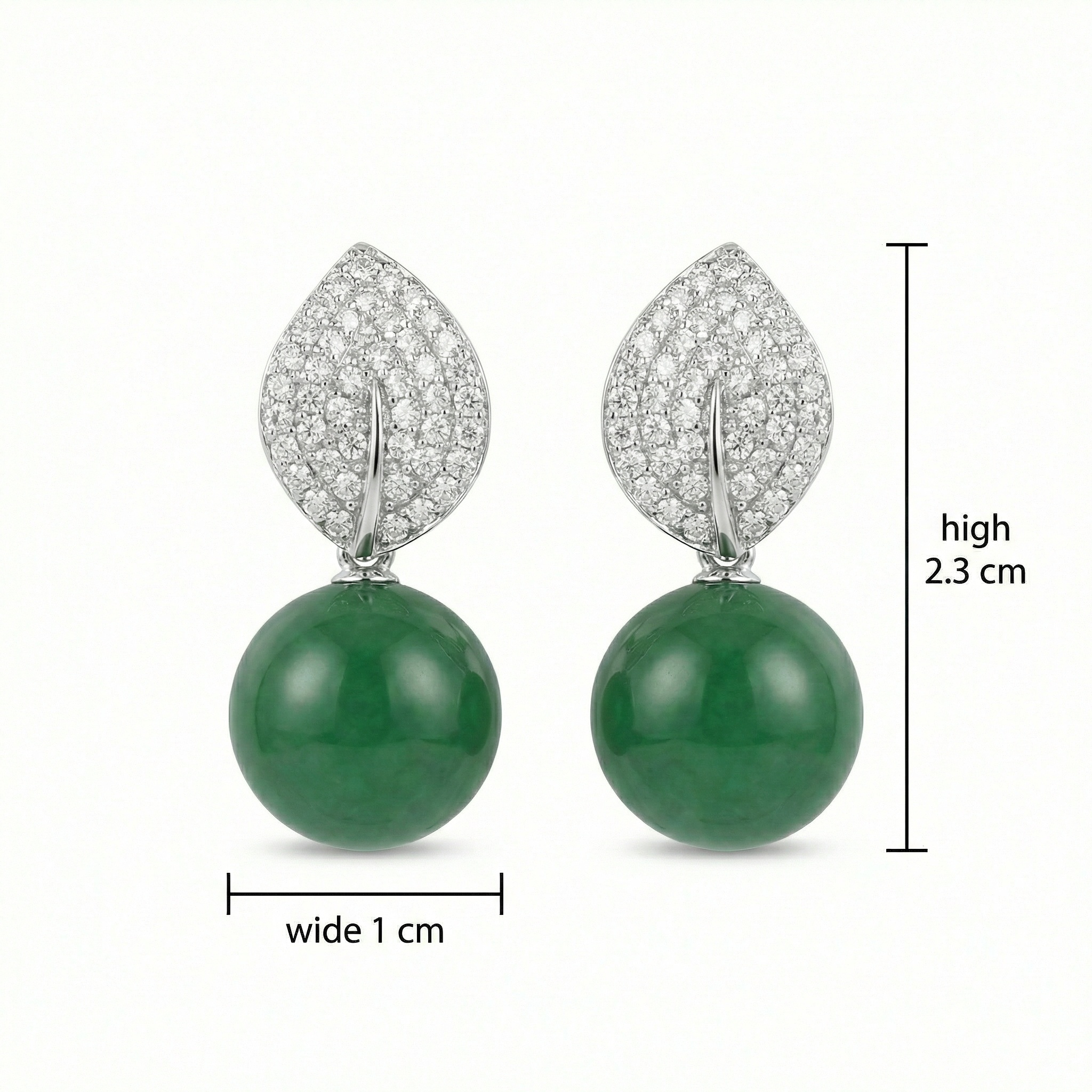925 Sterling Silver Elegant Green Jade Bead Drop Earrings with Diamond-Set Leaf Accents