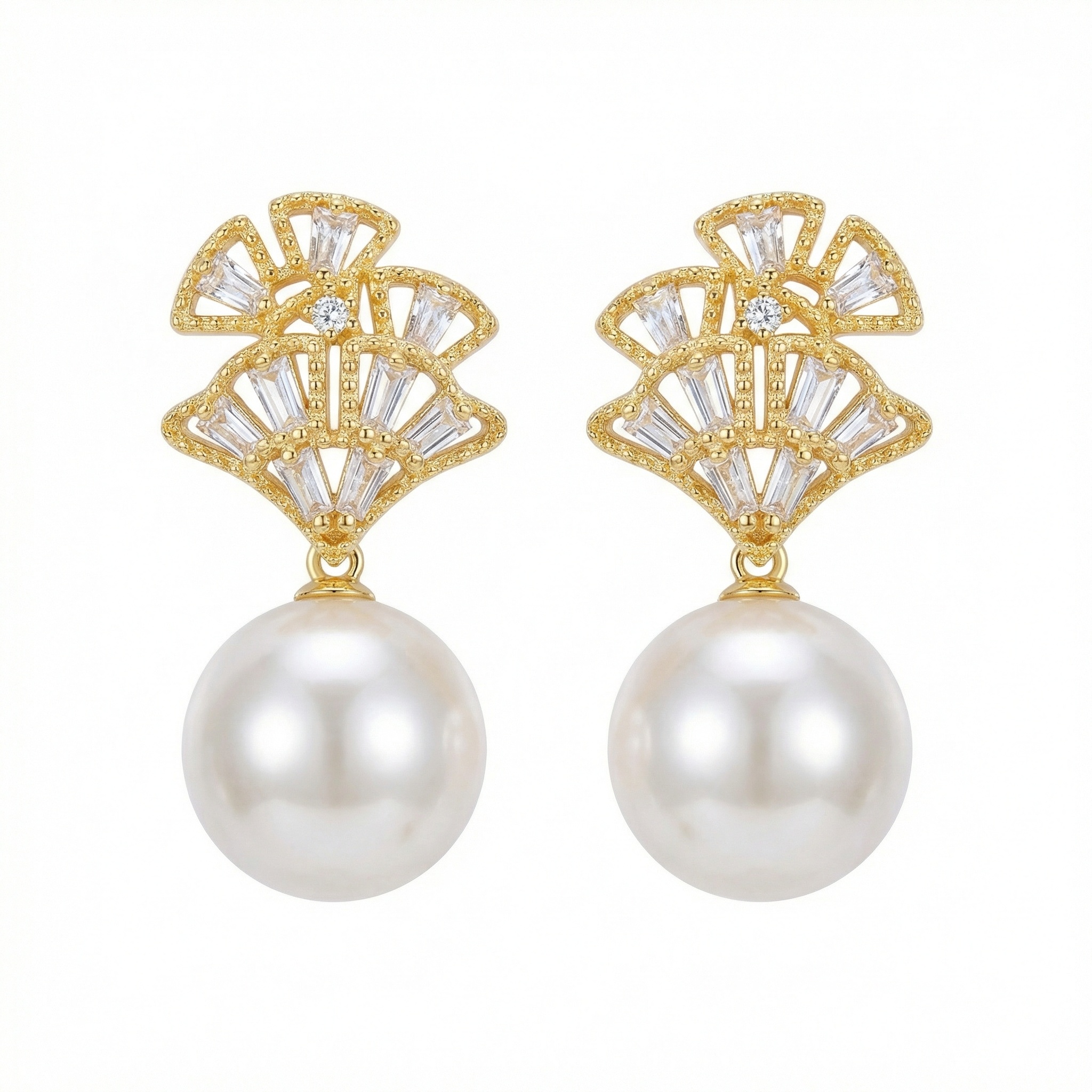 925 Sterling Silver Elegant Fan-Shaped Pearl Dangle Earrings with Sparkling Crystal Accents 