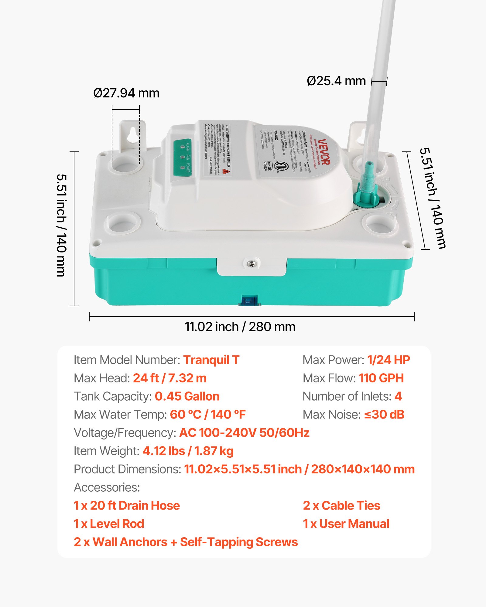 Condensate Pump, 1/24 HP, 110 GPH, 24 Ft Lift, 100-240V Automatic AC Condensation Removal Pump With Safety Switch & 20 Ft Tubing, For Air Conditioner, Dehumidifier, HVAC, Furnace, Ice Maker