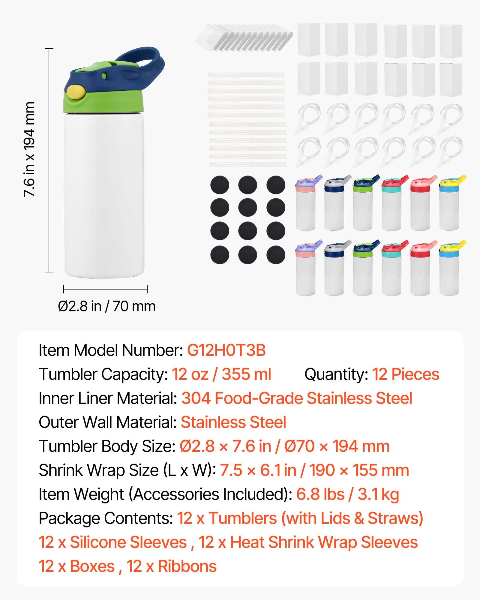 Sublimation Tumblers, 12 Pack, 12 Oz Kids Sublimation Water Bottles, Food-Grade Stainless Steel Cups With Lids And Straws, Double Wall Insulated Tumbler Blank, For DIY Personalized Customization