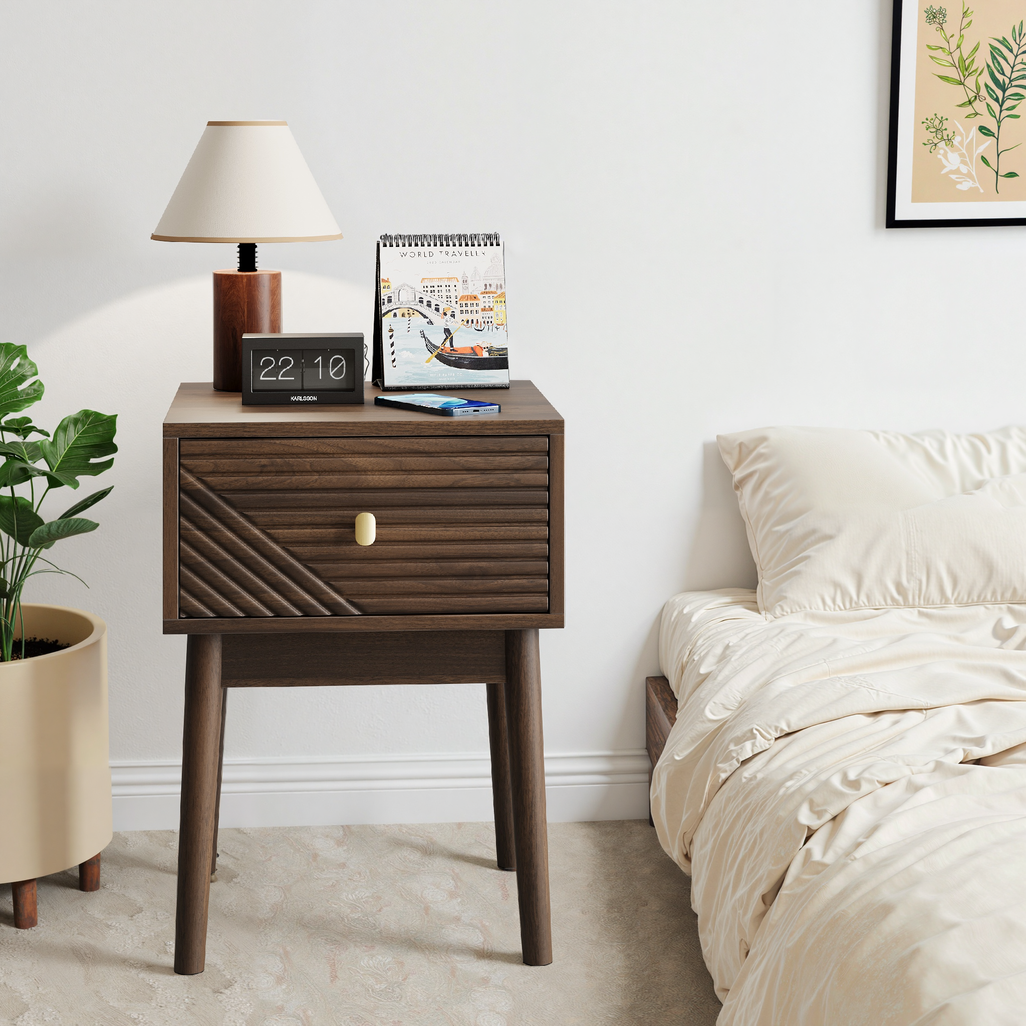 Medieval-Modern Style Walnut Bedside Table, Bedroom Bedside Table With Metal Handles, 15.75 X 15.75 X 21.65 Inches, 2-Piece Set - Image 1