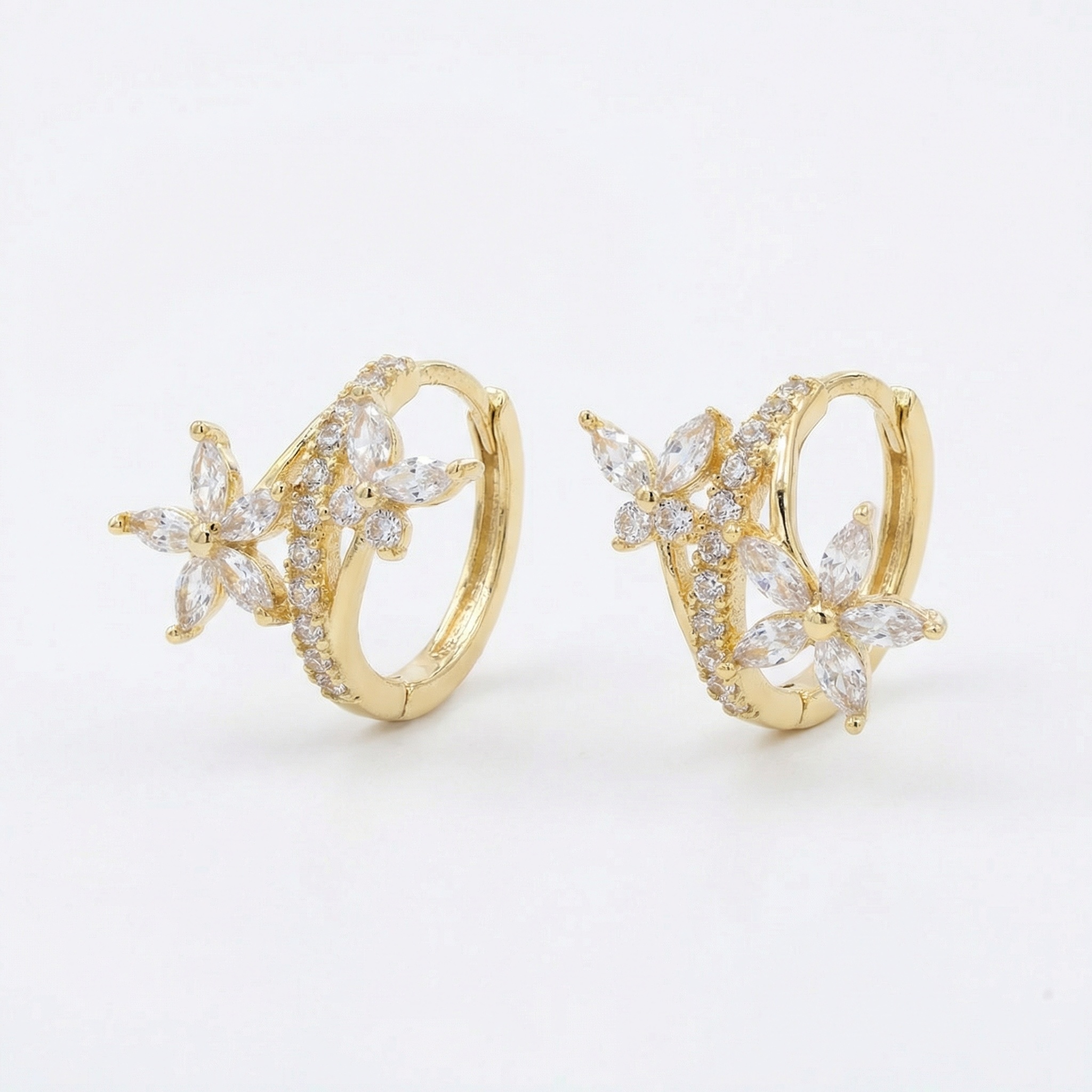 925 Sterling Silver Sparkling Floral Marquise Crystal Huggie Hoop Earrings with Dainty Accents 