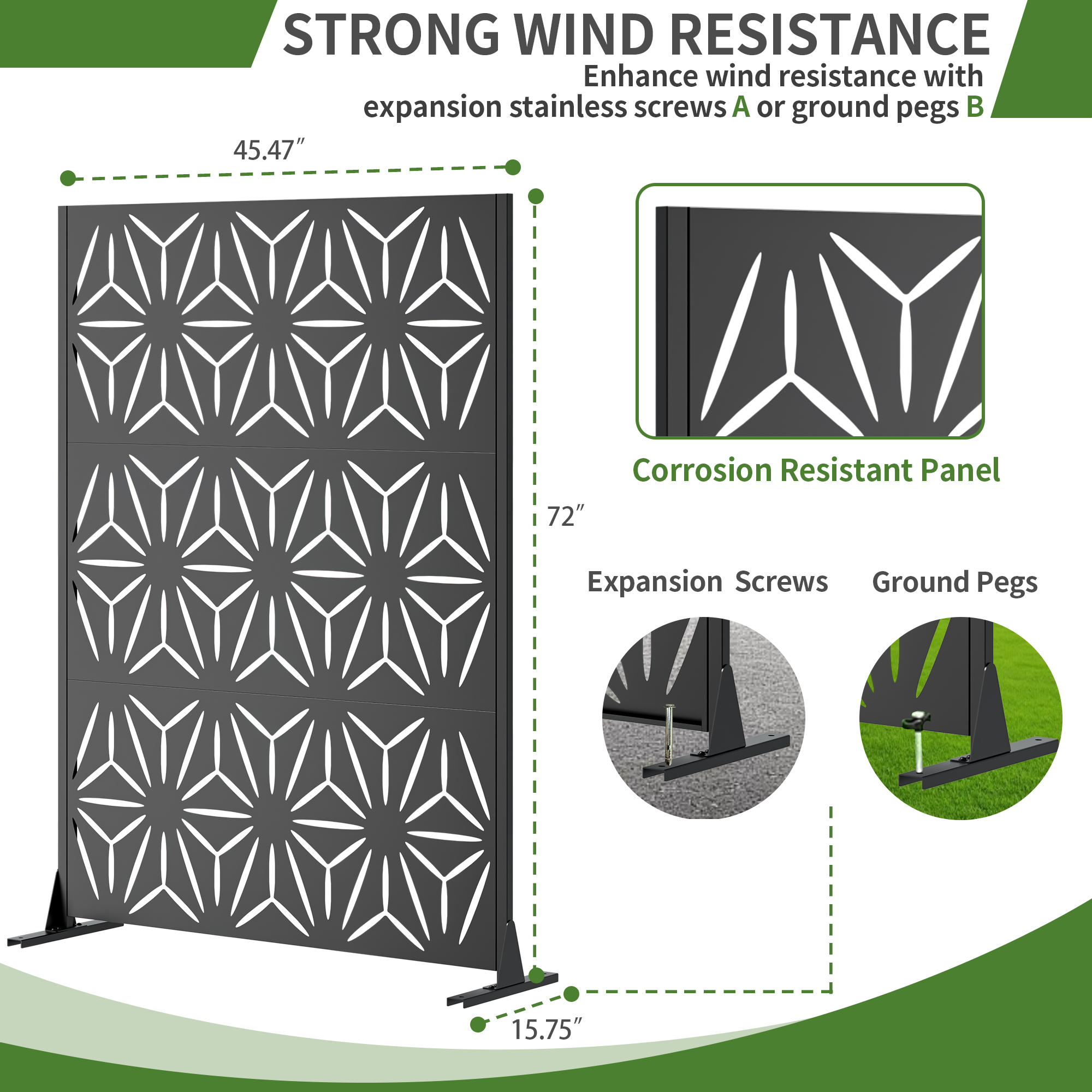 Metal Privacy Screen For Outdoor Freestanding, 72 H X 46 W Decorative Metal Fence Panels With Stable Base, Portable Divider Screens For Patio, Deck, Balcony, Backyard, Garden