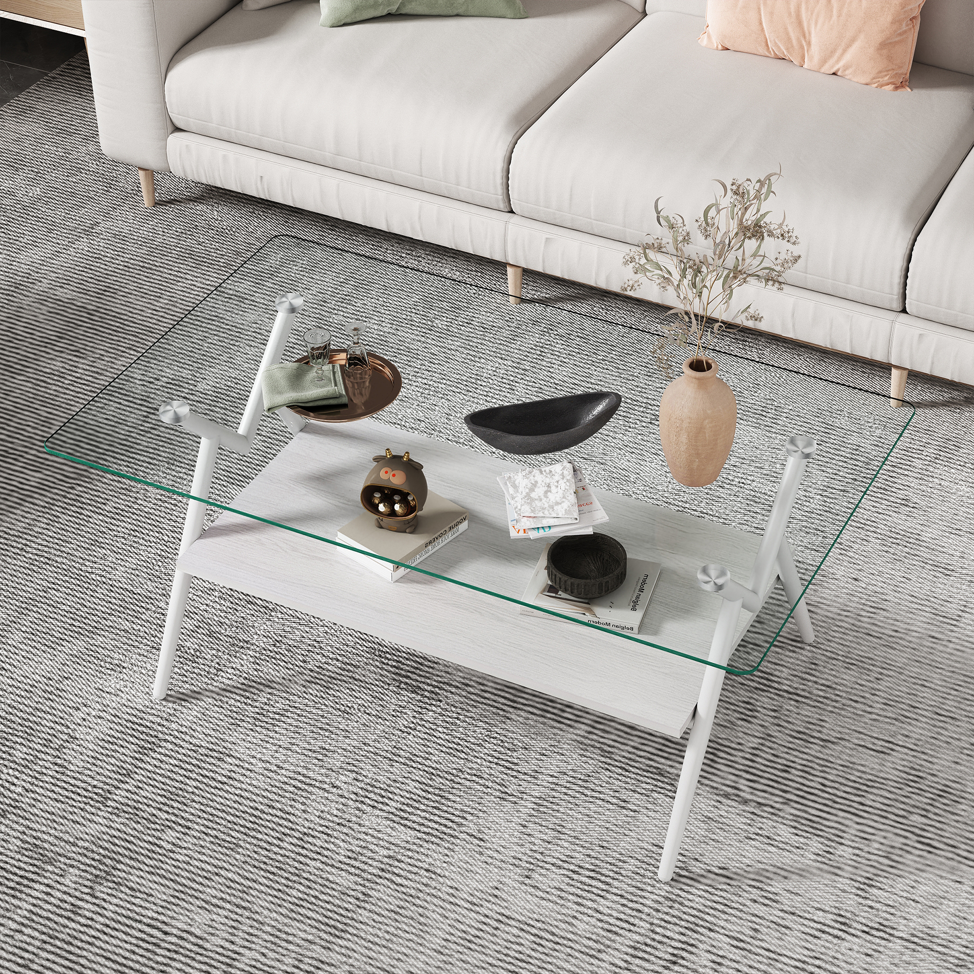 Coffee Table And End Tables Set Of 3, Tempered Glass Table With MDF Layer, Modern Tables For Living Room , Transparent Glass_voghion.com