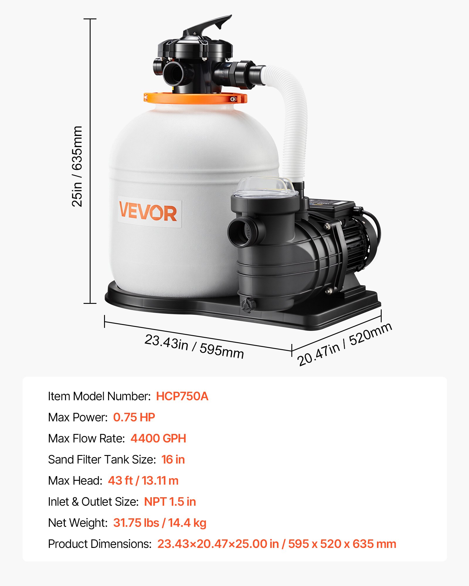 16 In Sand Filter Pump For Above Ground Pool, 0.75 HP 4400 GPH, Swimming Pool Sand Filter Pump With Pre-Assembled Core & Leak-Resistant Design, 6-Way Valve, High-Efficiency Filtration For Pools