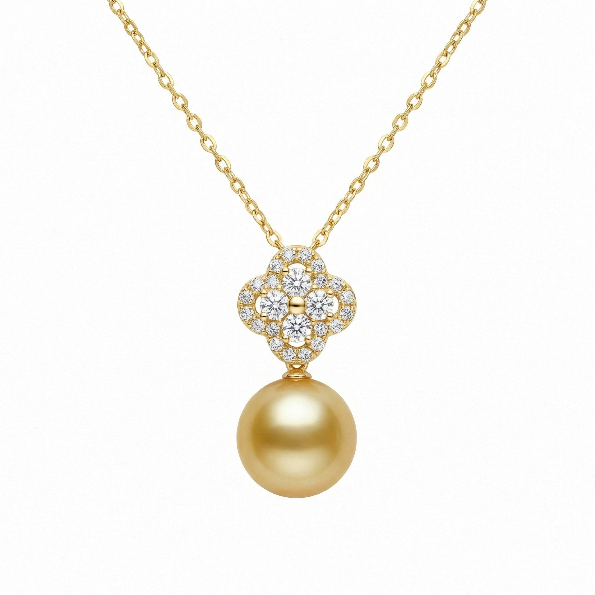 925 Sterling Silver Elegant Diamond Quatrefoil Necklace Featuring a Lustrous South Sea Pearl  - Image 1