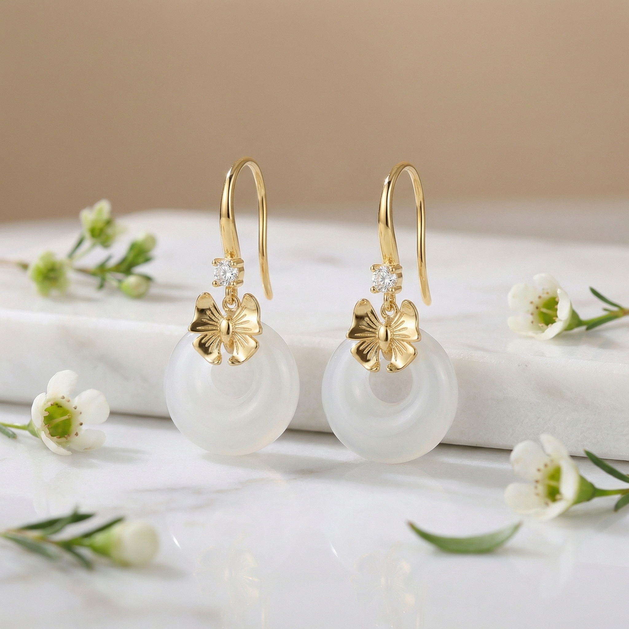 925 Sterling Silver Elegant Bow-Accented Drop Earrings with Translucent White Stone Rings
