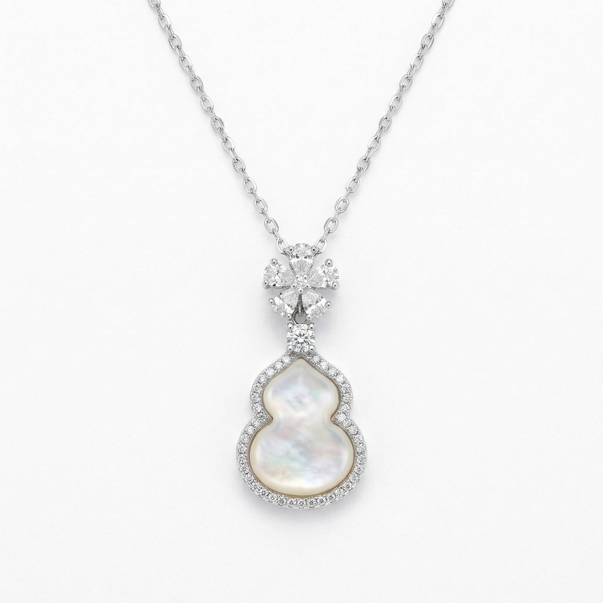 925 Sterling Silver Elegant Mother of Pearl Hulu Pendant Necklace with Diamond Floral Accent 